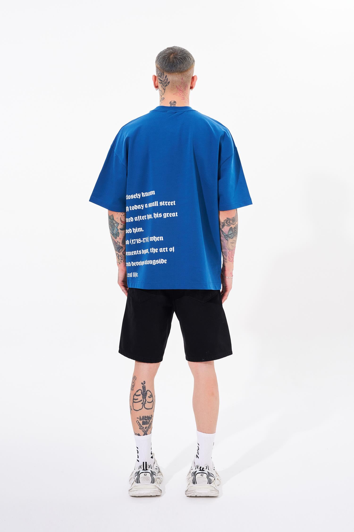 Erkek Nakışlı Baskı Detay Oversize Tişört Indigo