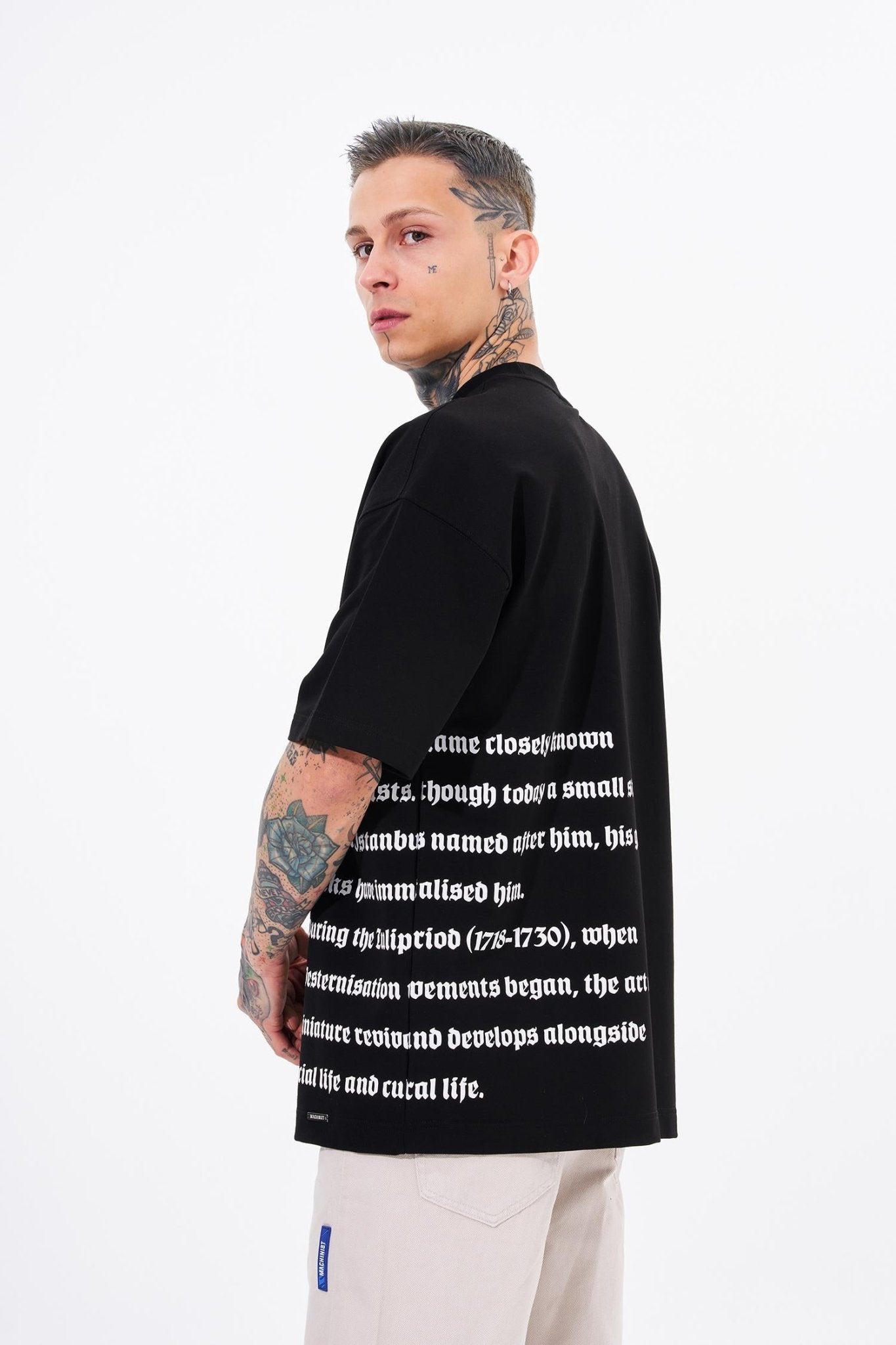 Erkek Nakışlı Baskı Detay Oversize Tişört Siyah