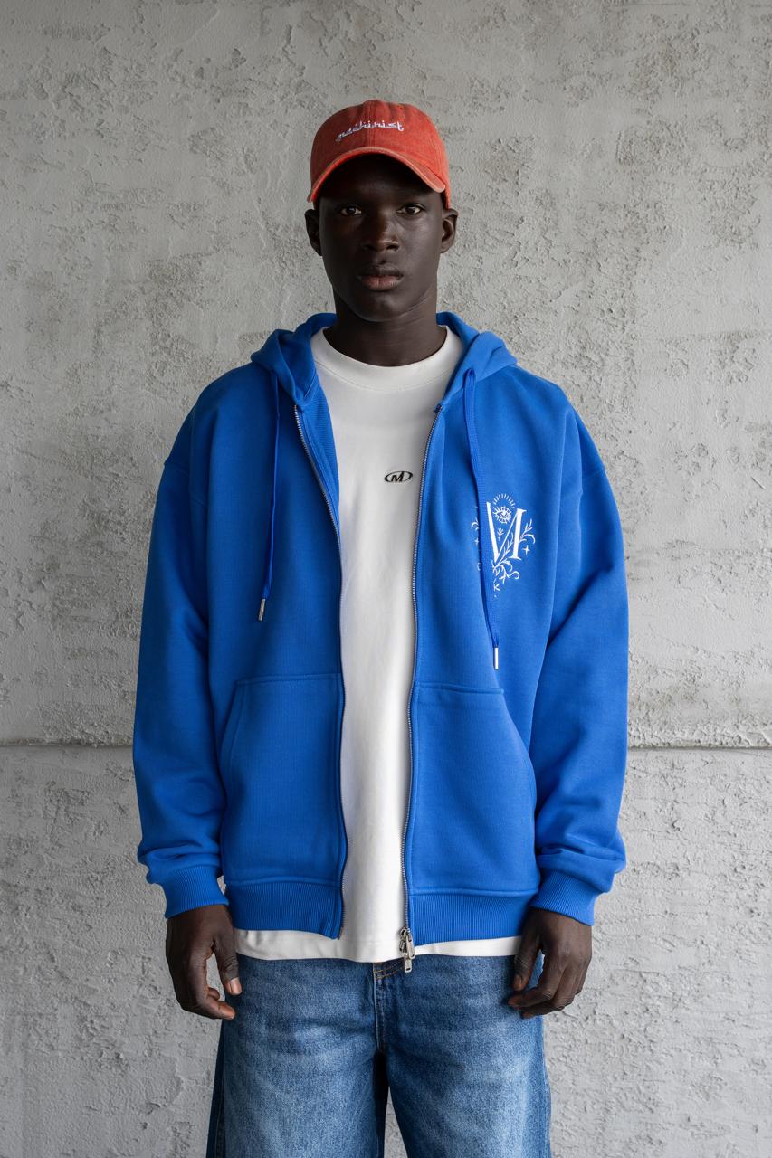 Erkek Nakışlı Fermuarlı Kapüşonlu Sweatshirt Açık Mavi