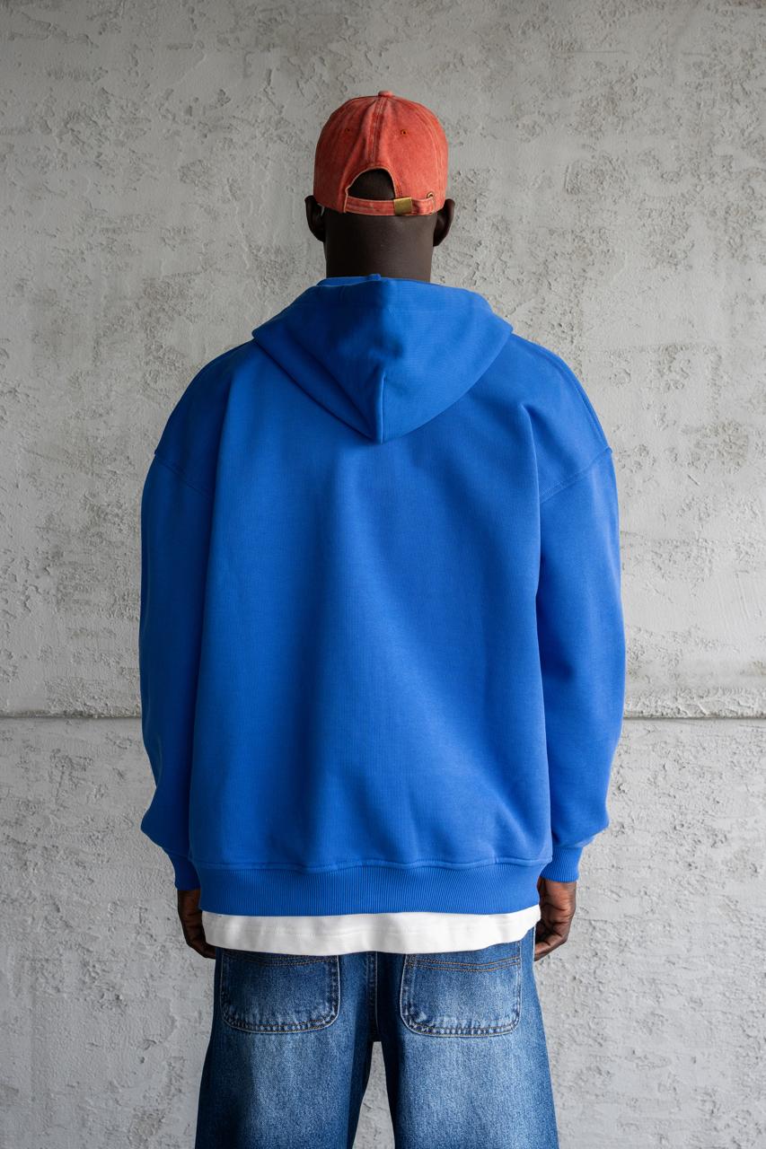 Erkek Nakışlı Fermuarlı Kapüşonlu Sweatshirt Açık Mavi