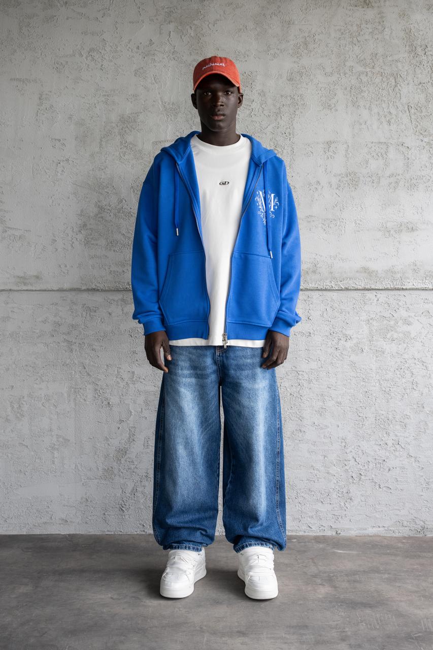 Erkek Nakışlı Fermuarlı Kapüşonlu Sweatshirt Açık Mavi