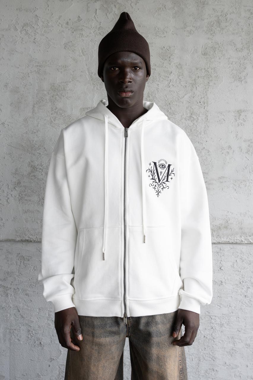 Erkek Nakışlı Fermuarlı Kapüşonlu Sweatshirt Ekru