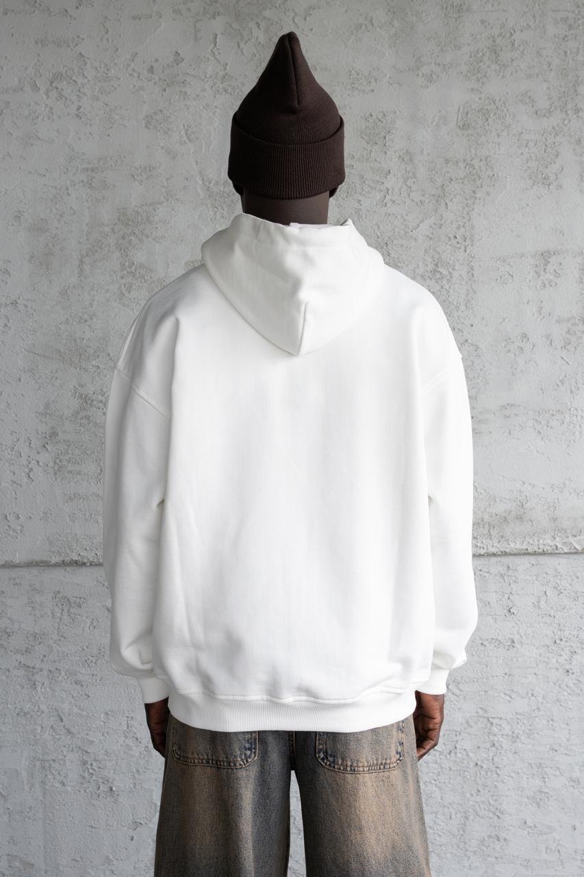 Erkek Nakışlı Fermuarlı Kapüşonlu Sweatshirt Ekru
