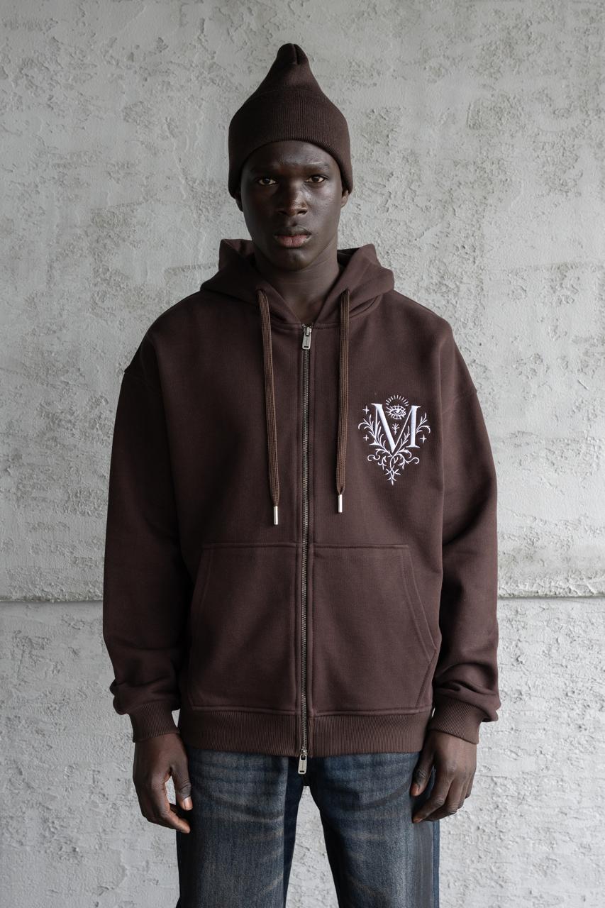 Erkek Nakışlı Fermuarlı Kapüşonlu Sweatshirt Koyu Kahverengi