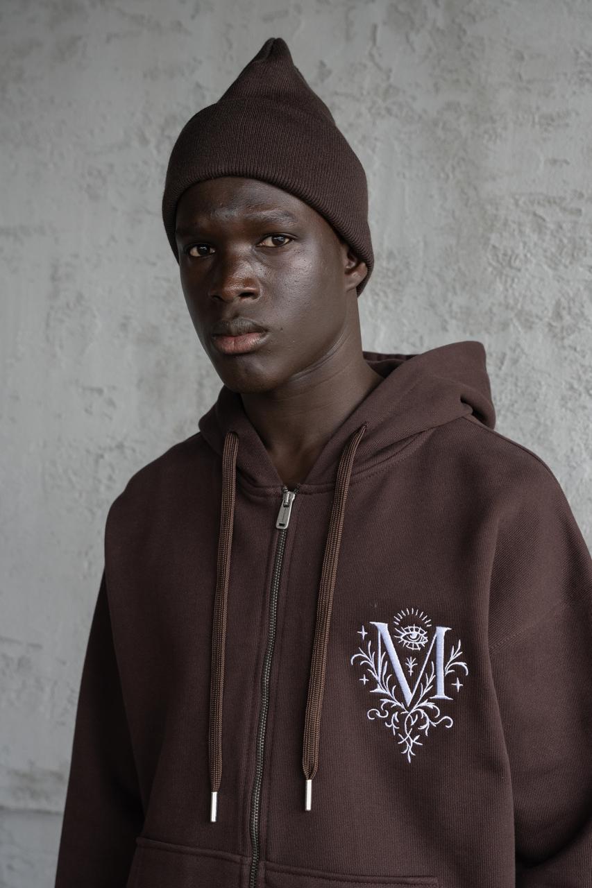 Erkek Nakışlı Fermuarlı Kapüşonlu Sweatshirt Koyu Kahverengi