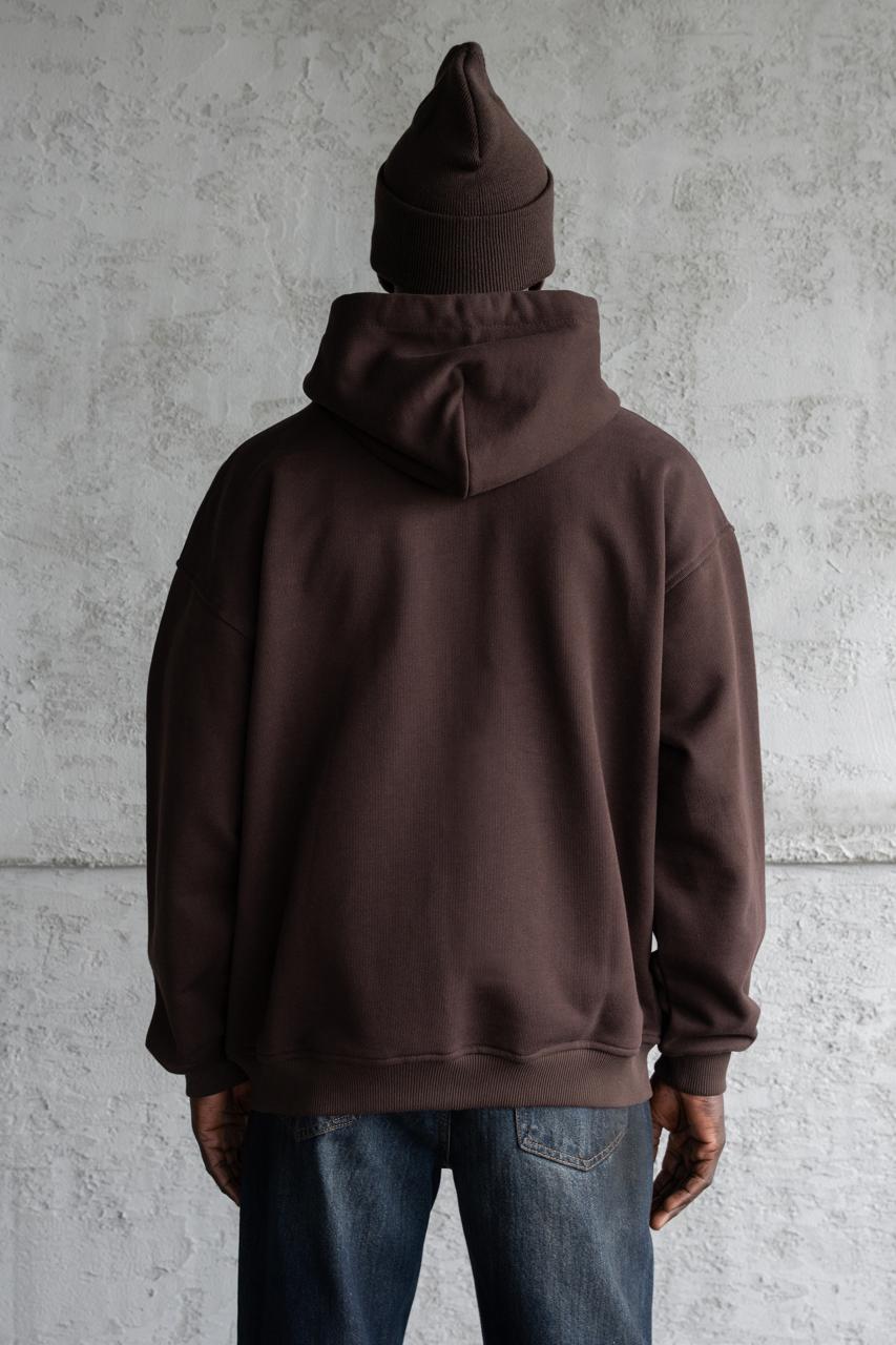 Erkek Nakışlı Fermuarlı Kapüşonlu Sweatshirt Koyu Kahverengi