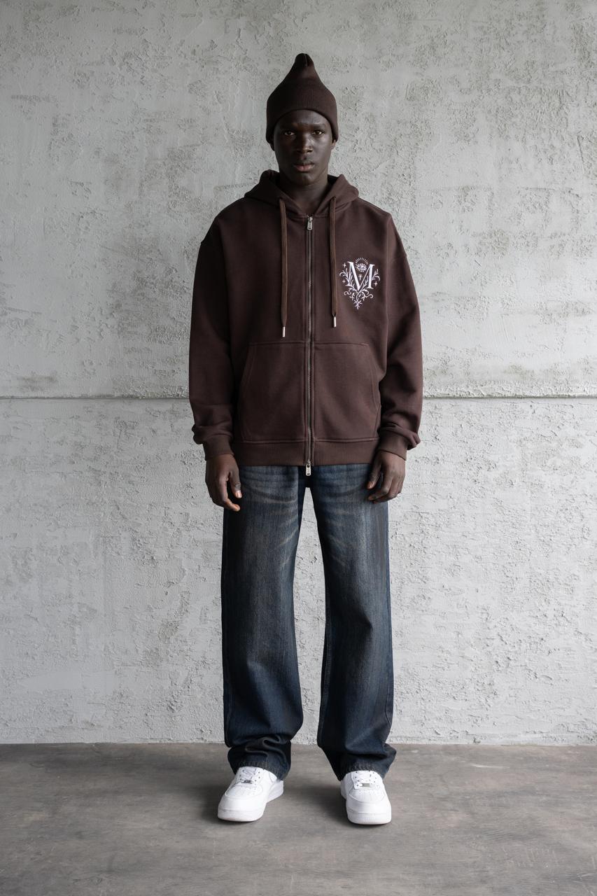 Erkek Nakışlı Fermuarlı Kapüşonlu Sweatshirt Koyu Kahverengi