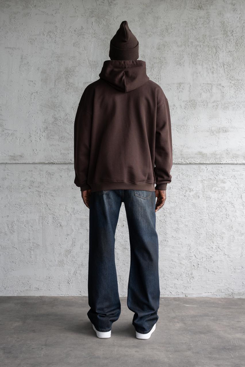 Erkek Nakışlı Fermuarlı Kapüşonlu Sweatshirt Koyu Kahverengi