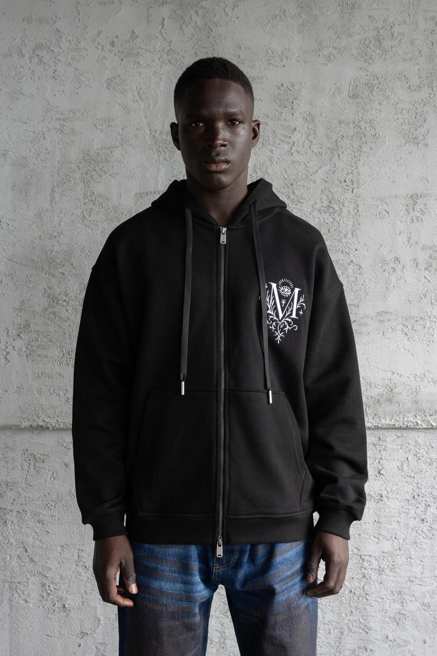 Erkek Nakışlı Fermuarlı Kapüşonlu Sweatshirt Siyah