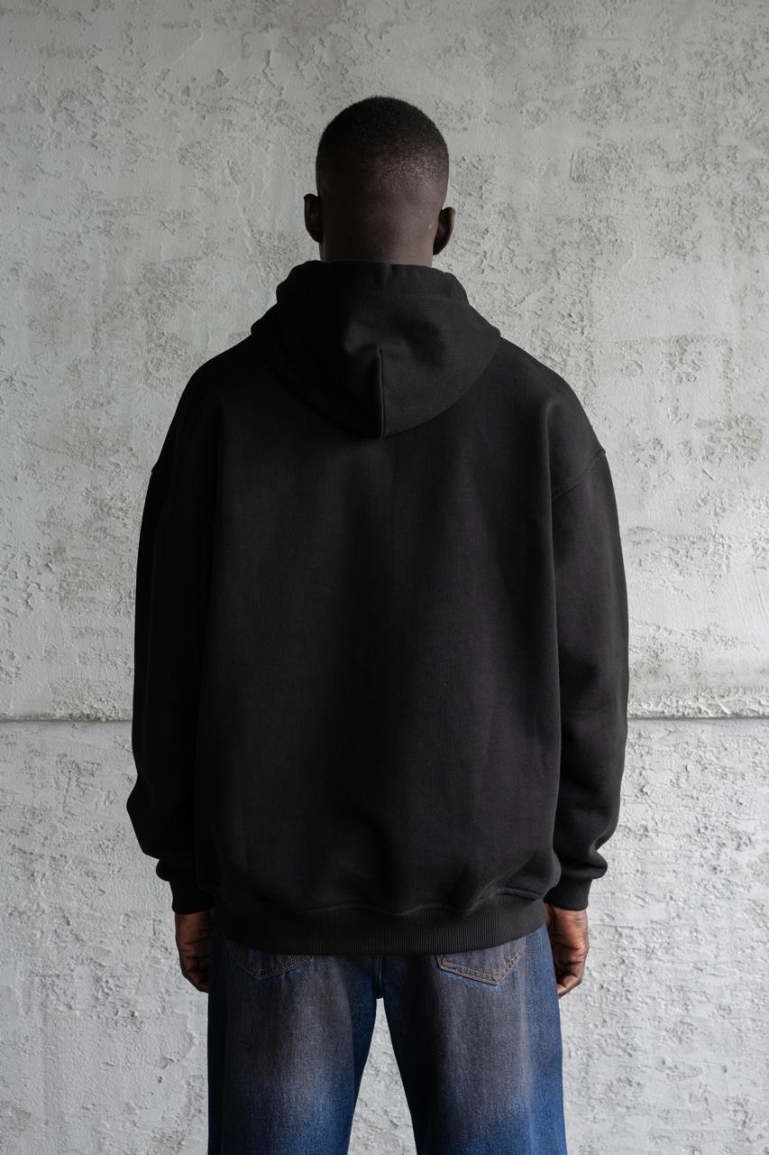 Erkek Nakışlı Fermuarlı Kapüşonlu Sweatshirt Siyah