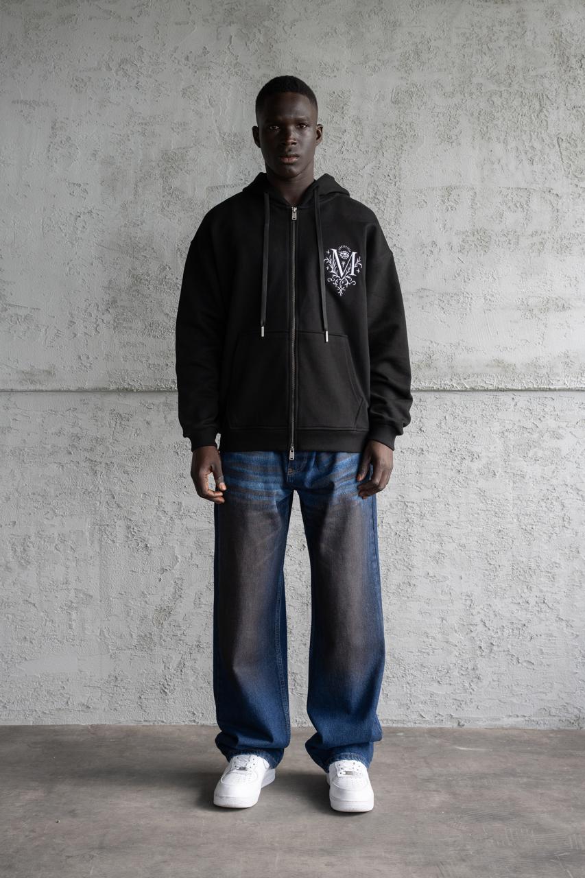 Erkek Nakışlı Fermuarlı Kapüşonlu Sweatshirt Siyah