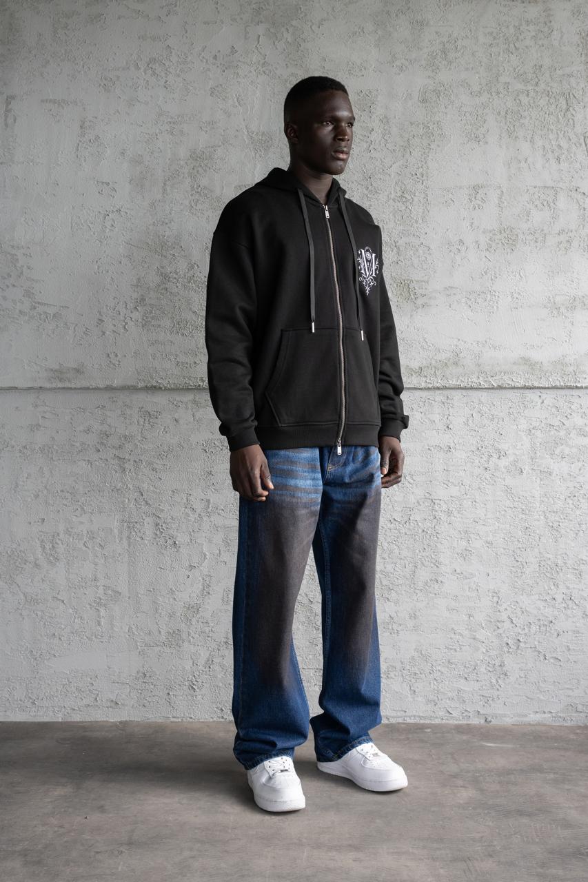 Erkek Nakışlı Fermuarlı Kapüşonlu Sweatshirt Siyah