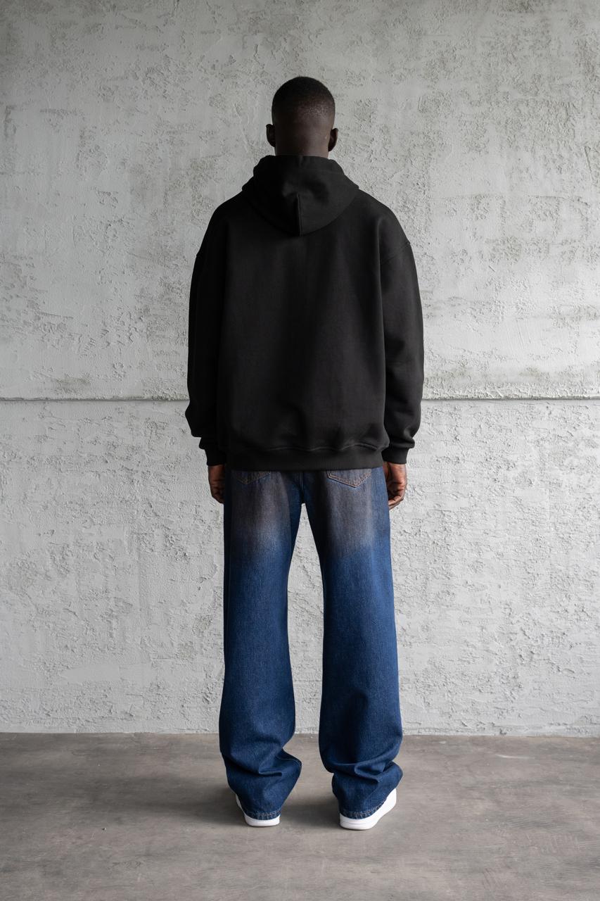 Erkek Nakışlı Fermuarlı Kapüşonlu Sweatshirt Siyah