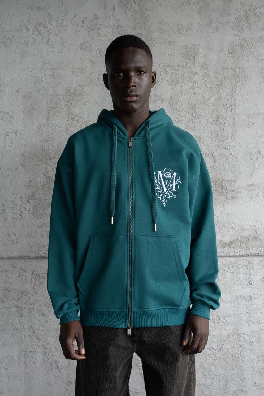 Erkek Nakışlı Fermuarlı Kapüşonlu Sweatshirt Yağ Yeşili