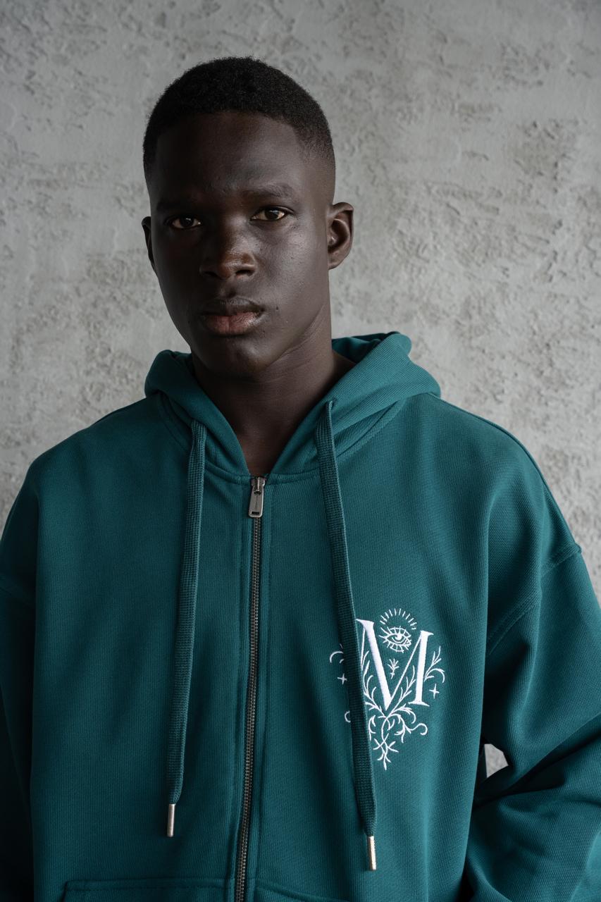 Erkek Nakışlı Fermuarlı Kapüşonlu Sweatshirt Yağ Yeşili