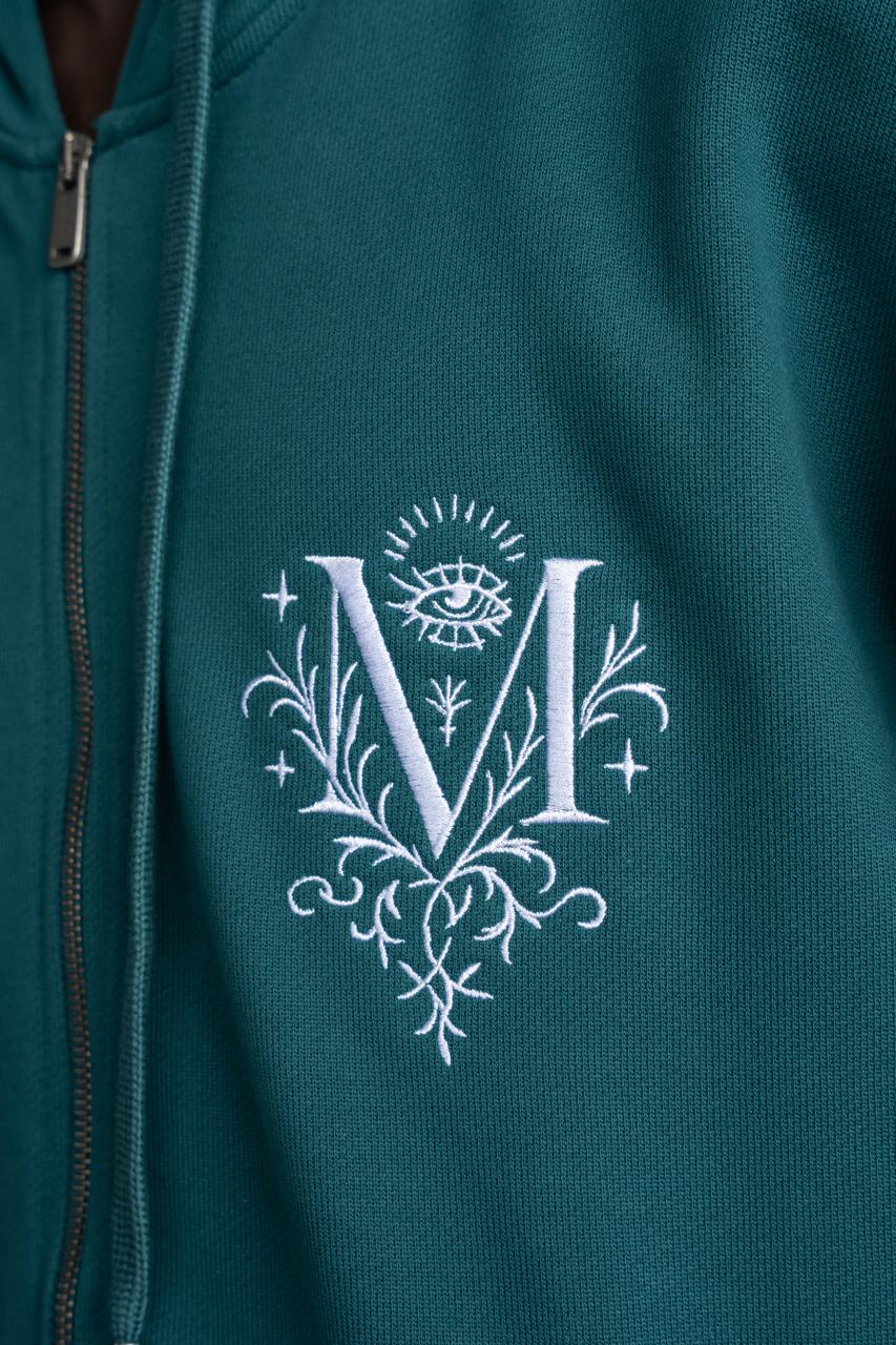 Erkek Nakışlı Fermuarlı Kapüşonlu Sweatshirt Yağ Yeşili