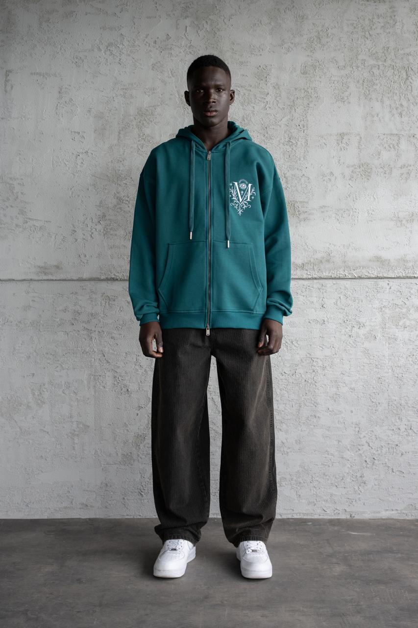 Erkek Nakışlı Fermuarlı Kapüşonlu Sweatshirt Yağ Yeşili