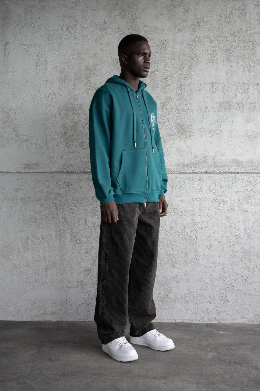 Erkek Nakışlı Fermuarlı Kapüşonlu Sweatshirt Yağ Yeşili