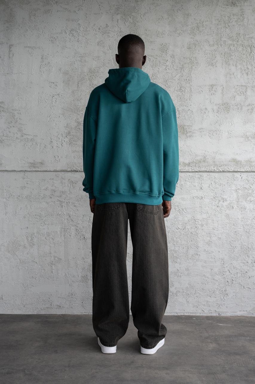 Erkek Nakışlı Fermuarlı Kapüşonlu Sweatshirt Yağ Yeşili