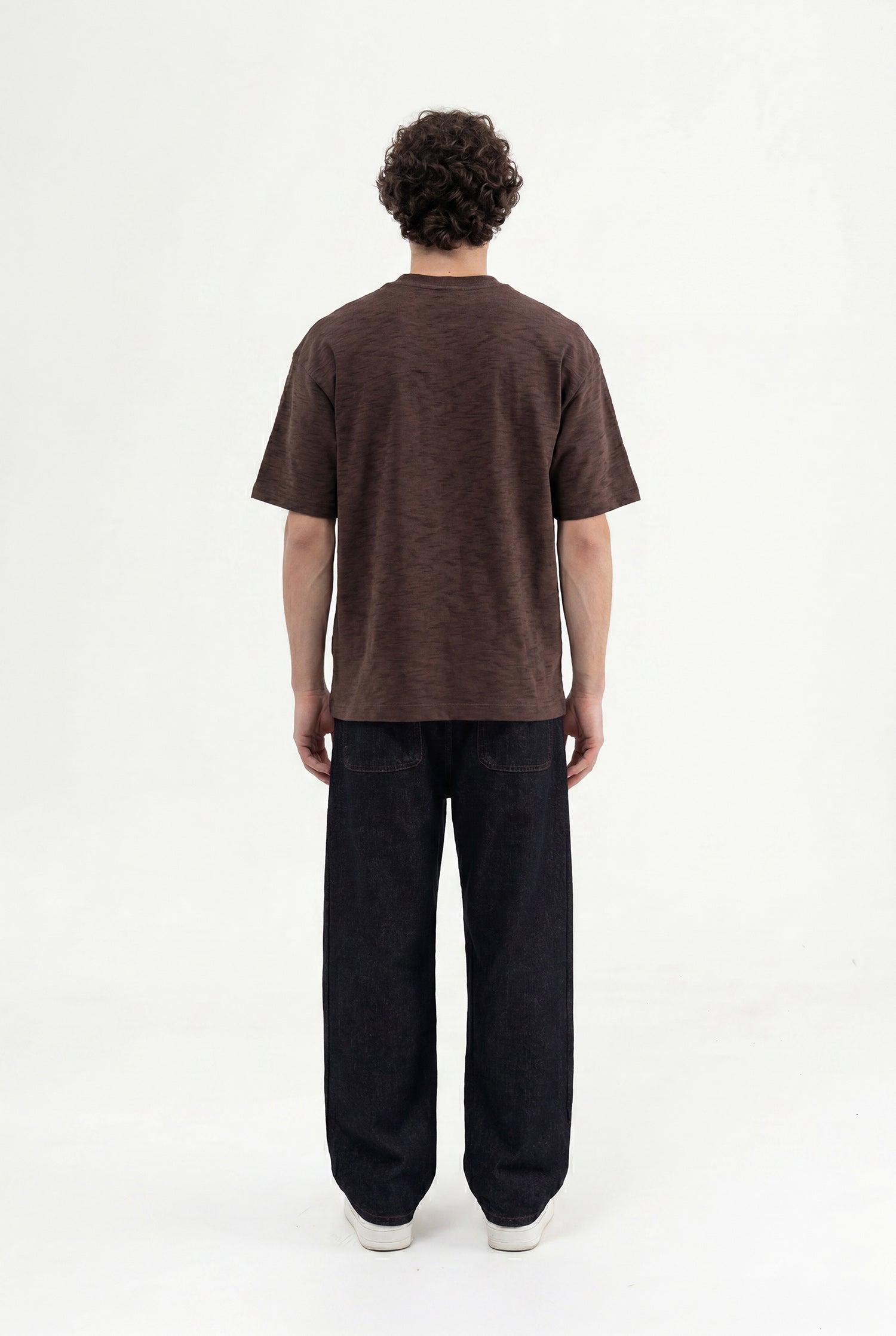 Erkek Nakışlı Jakarlı Oversize Tişört Kahverengi-5