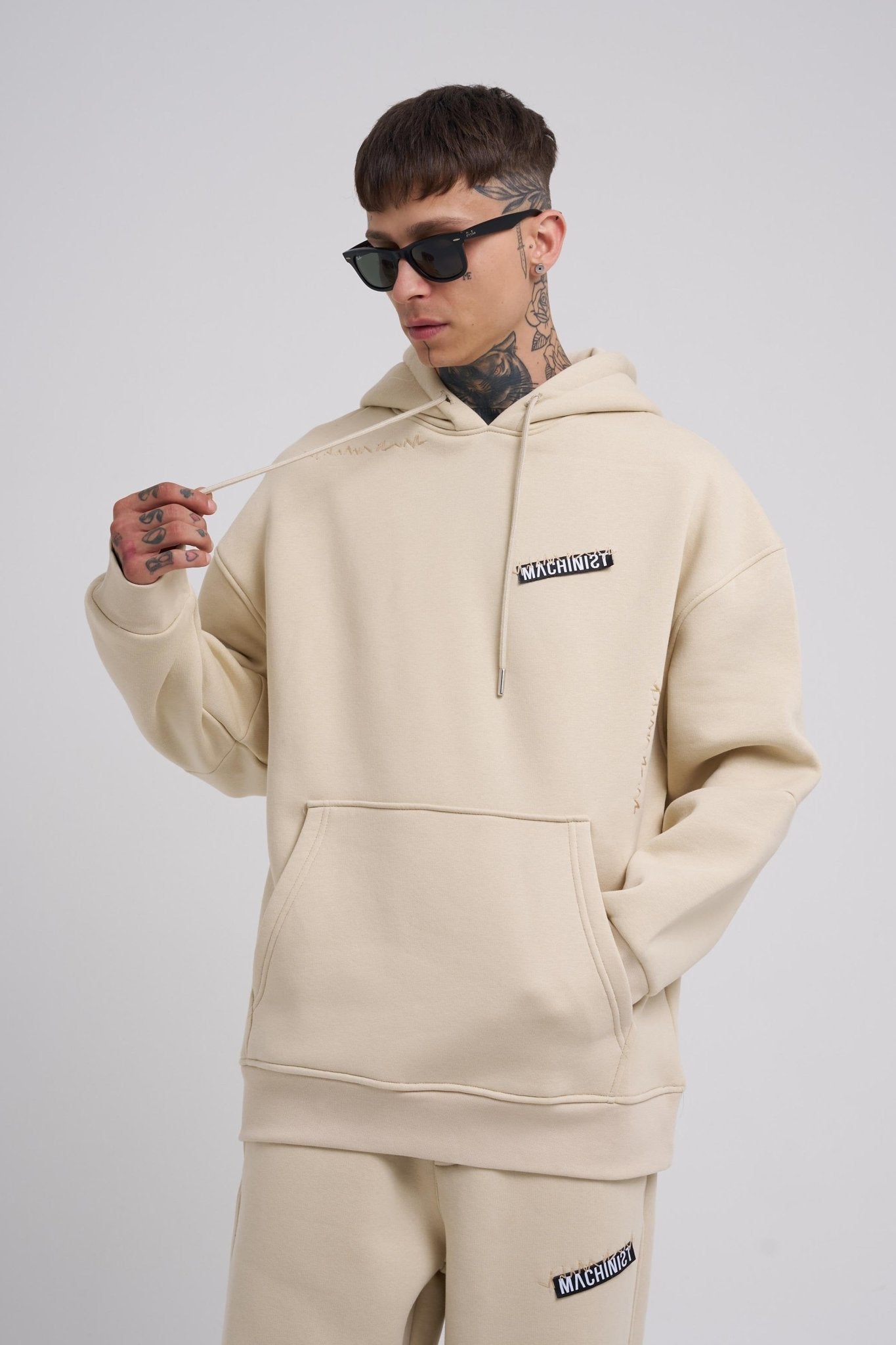 Erkek Nakışlı Kanguru Cepli Oversize Sweatshirt Açık Bej