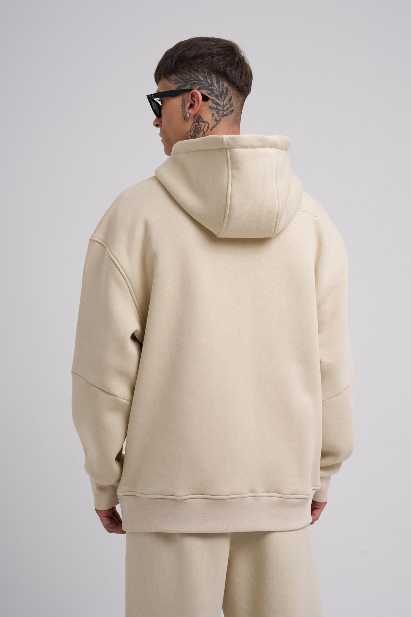 Erkek Nakışlı Kanguru Cepli Oversize Sweatshirt Açık Bej