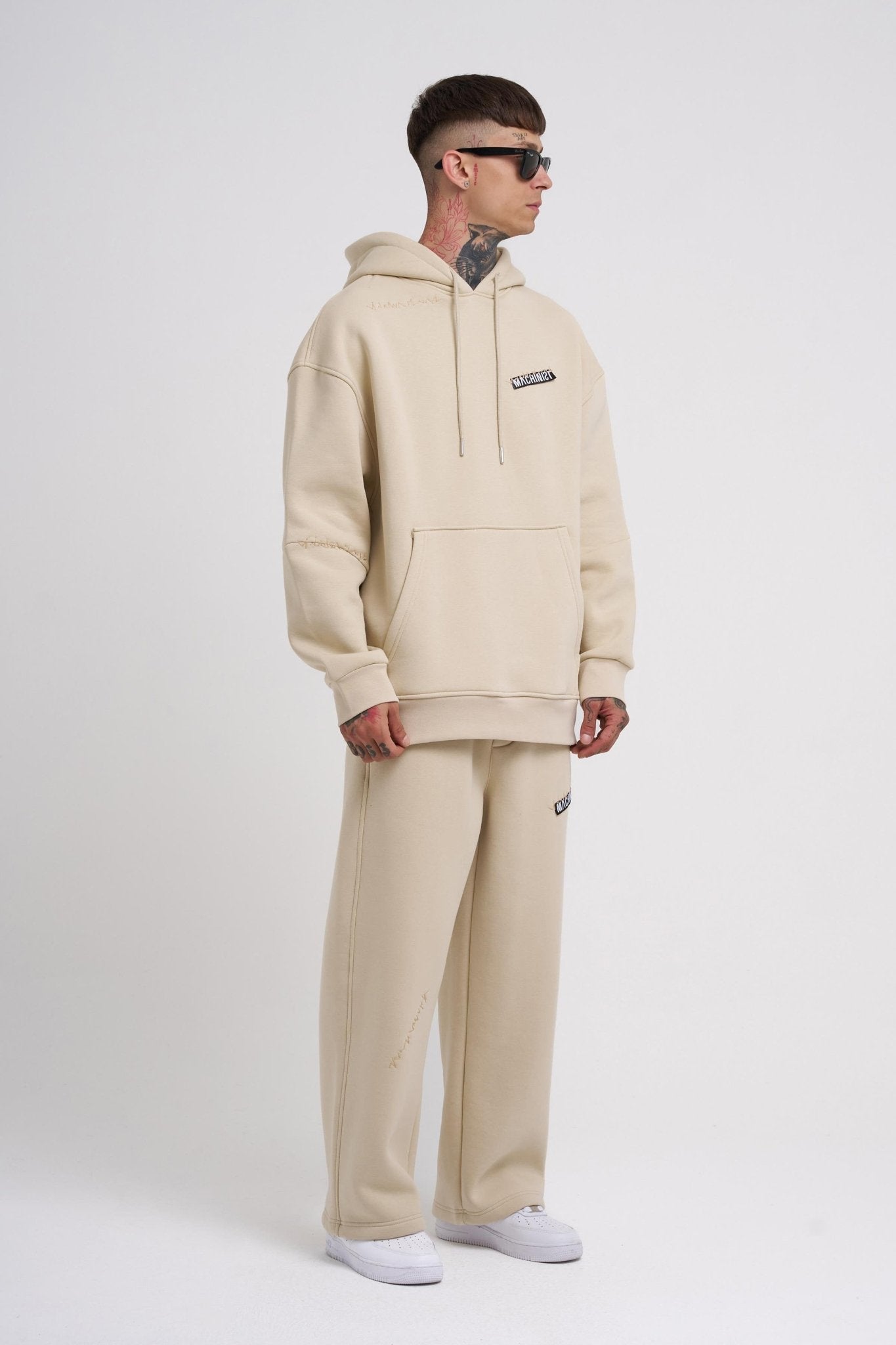 Erkek Nakışlı Kanguru Cepli Oversize Sweatshirt Açık Bej