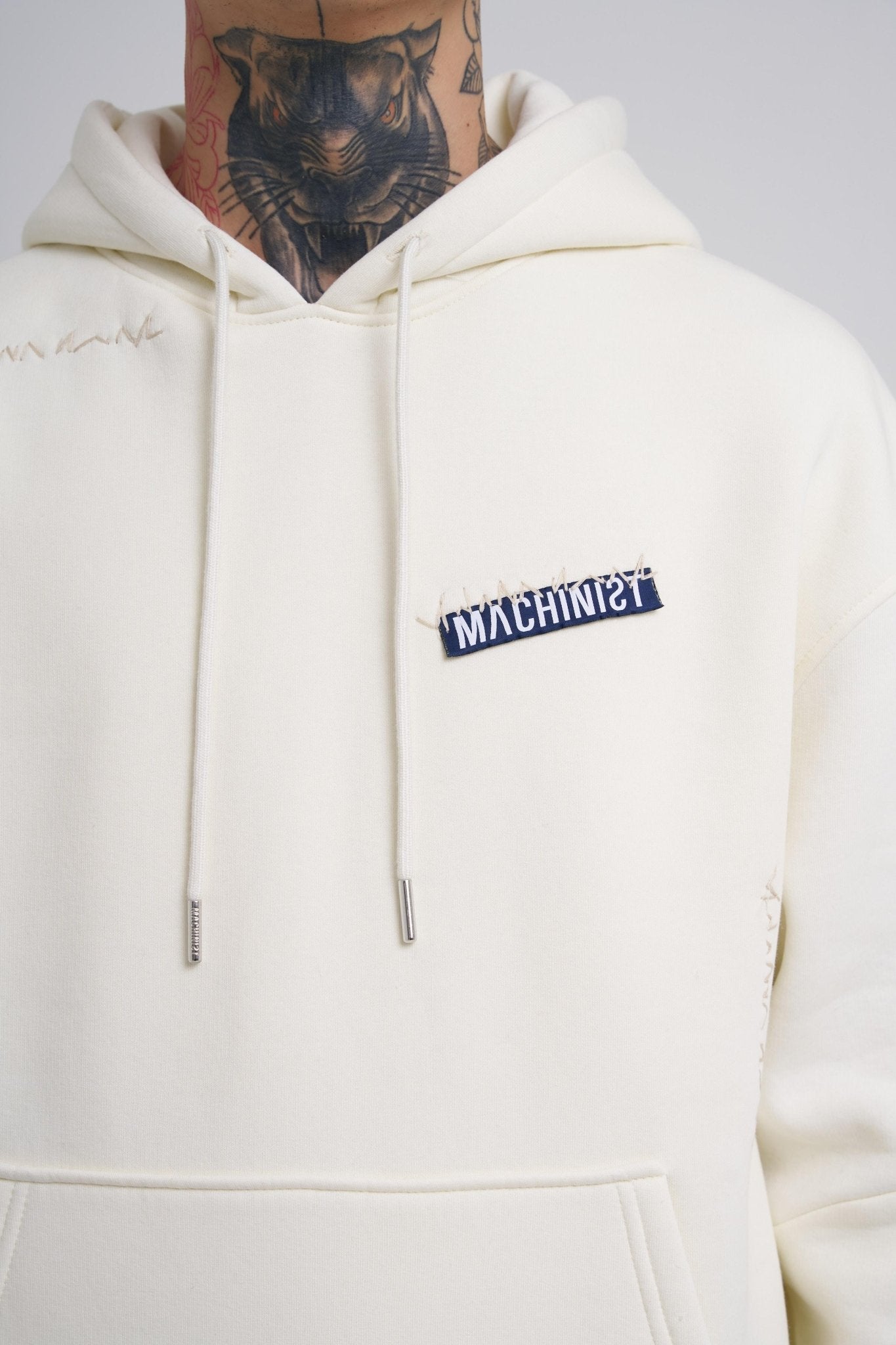 Erkek Nakışlı Kanguru Cepli Oversize Sweatshirt Ekru