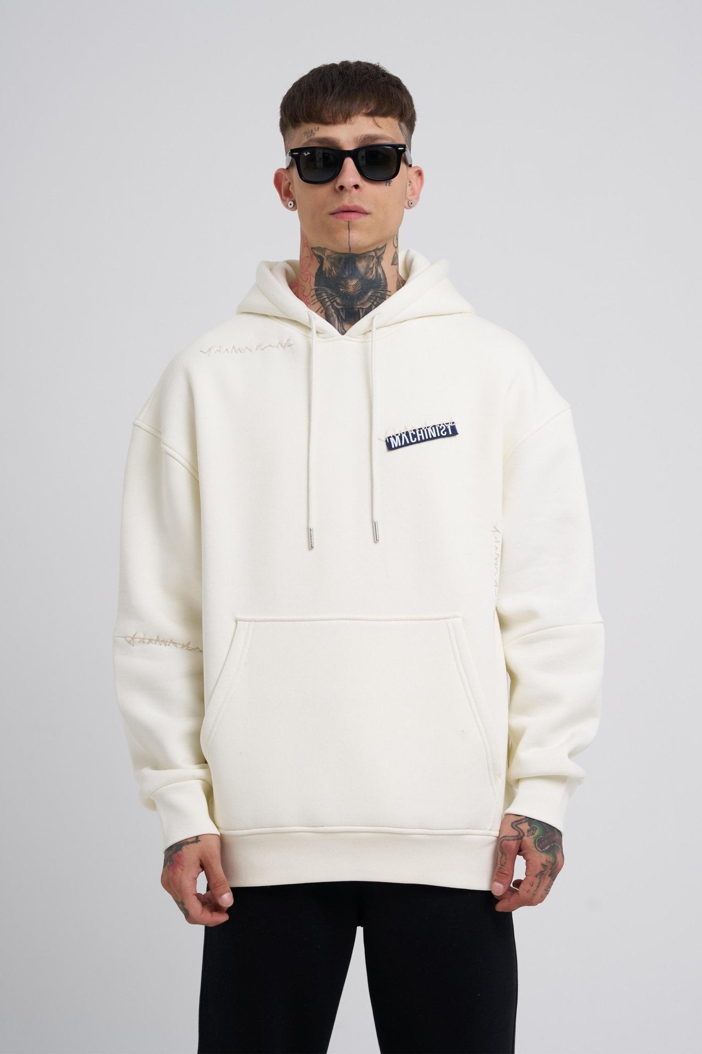 Erkek Nakışlı Kanguru Cepli Oversize Sweatshirt Ekru