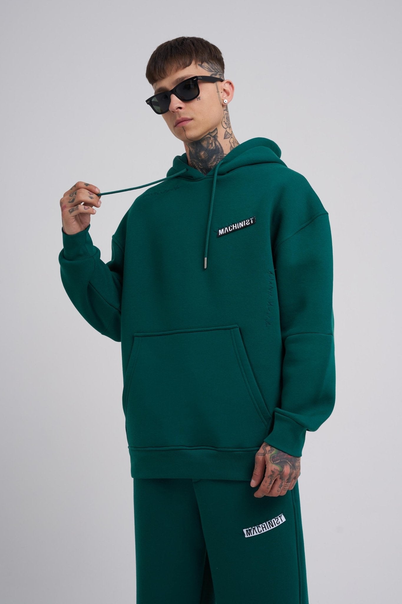 Erkek Nakışlı Kanguru Cepli Oversize Sweatshirt Petrol Yeşili