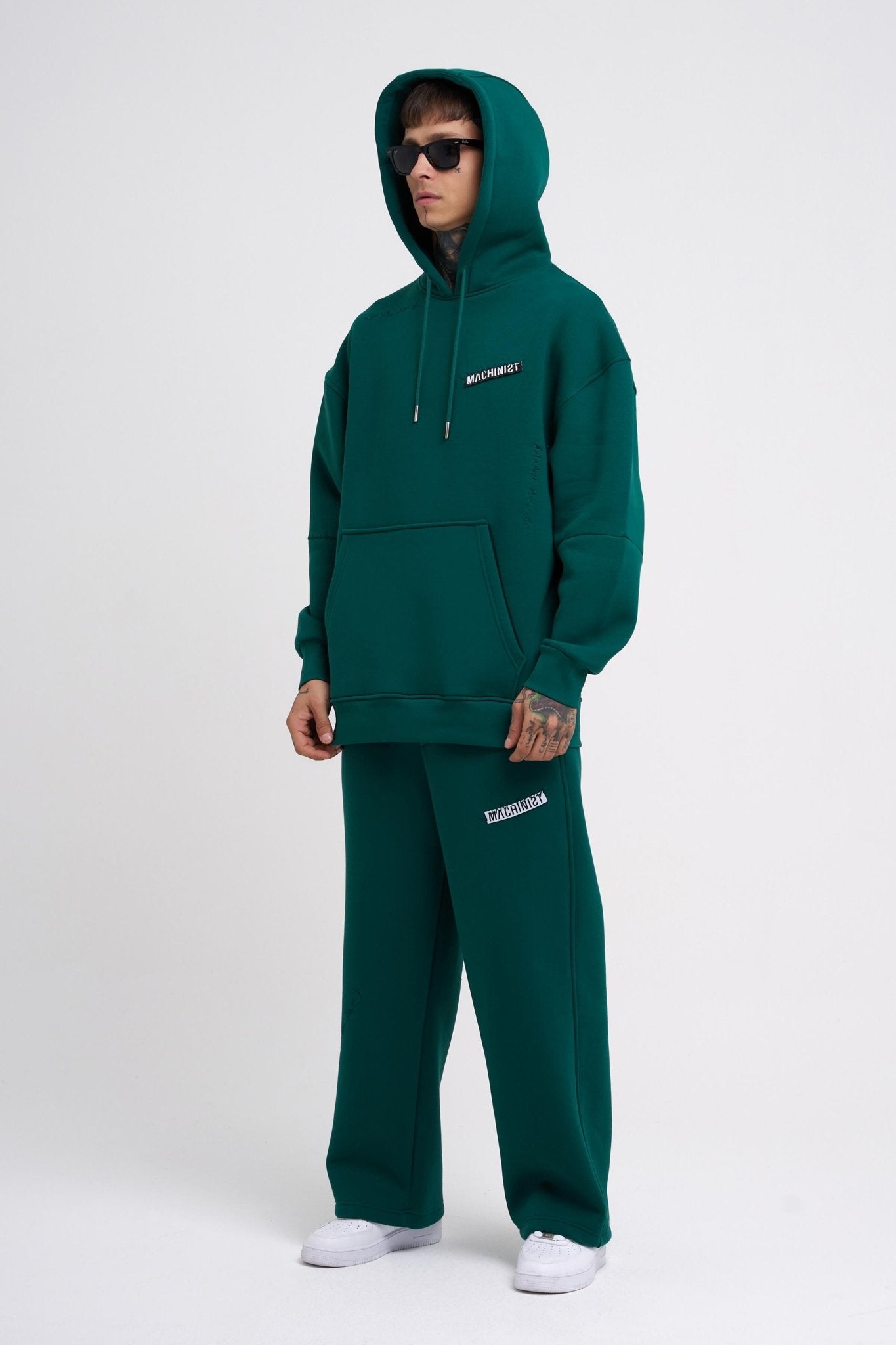 Erkek Nakışlı Kanguru Cepli Oversize Sweatshirt Petrol Yeşili