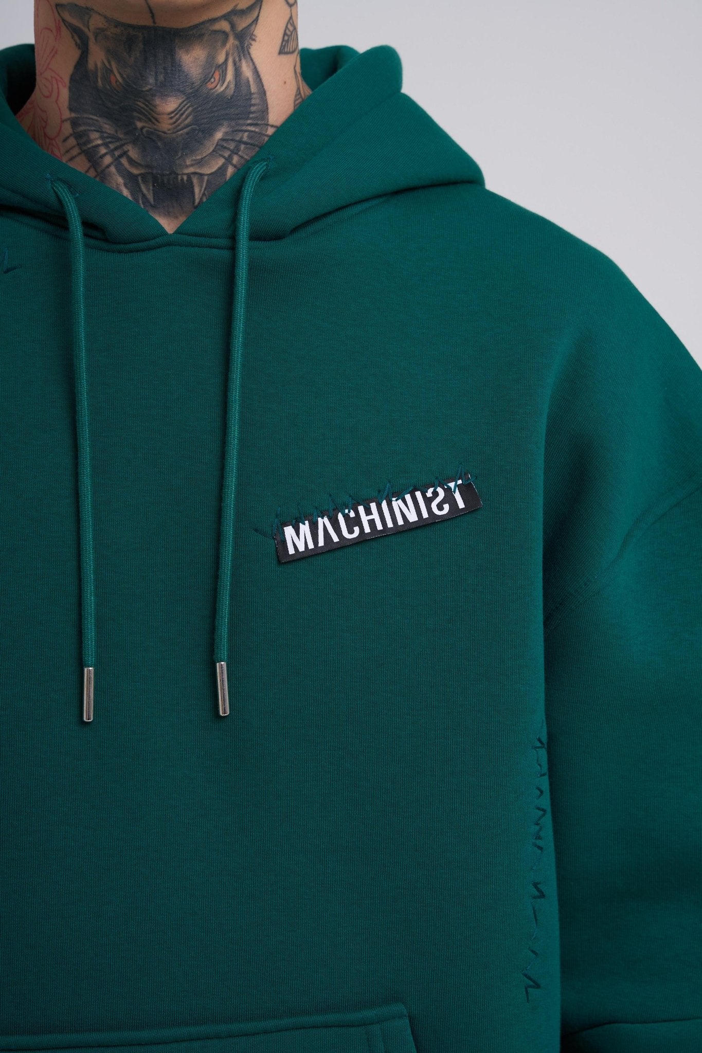 Erkek Nakışlı Kanguru Cepli Oversize Sweatshirt Petrol Yeşili