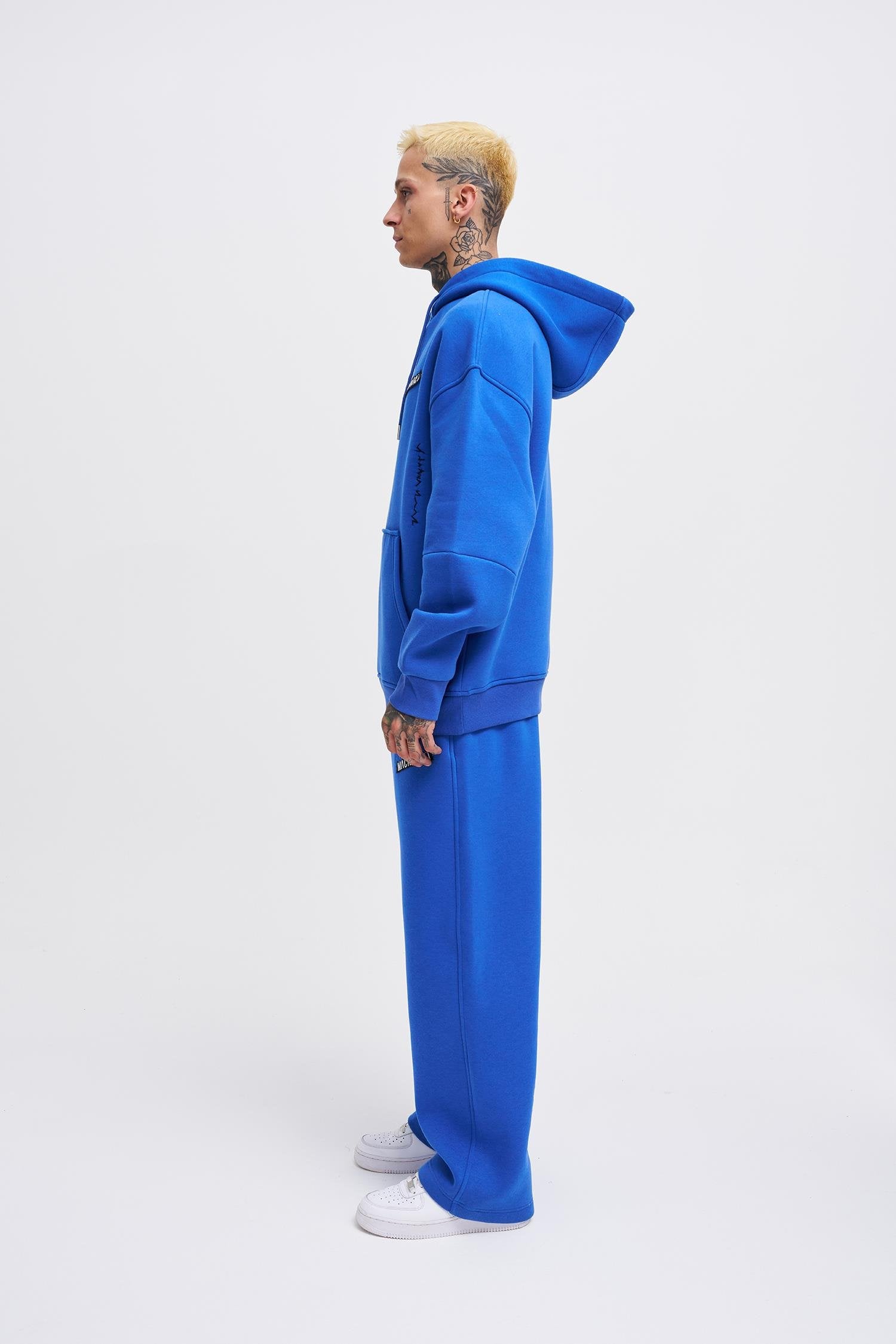 Erkek Nakışlı Kanguru Cepli Oversize Sweatshirt Saks Mavi