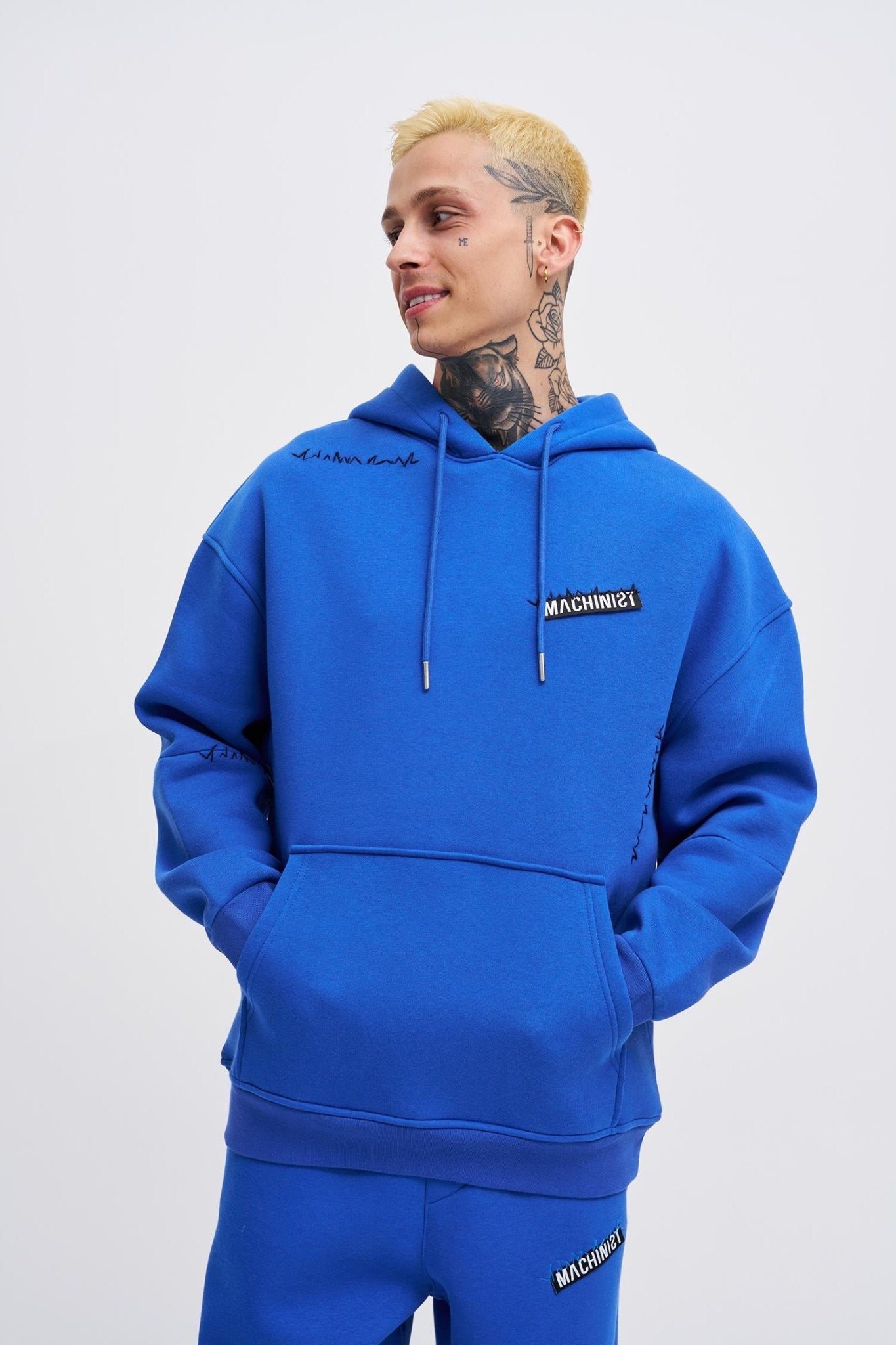 Erkek Nakışlı Kanguru Cepli Oversize Sweatshirt Saks Mavi