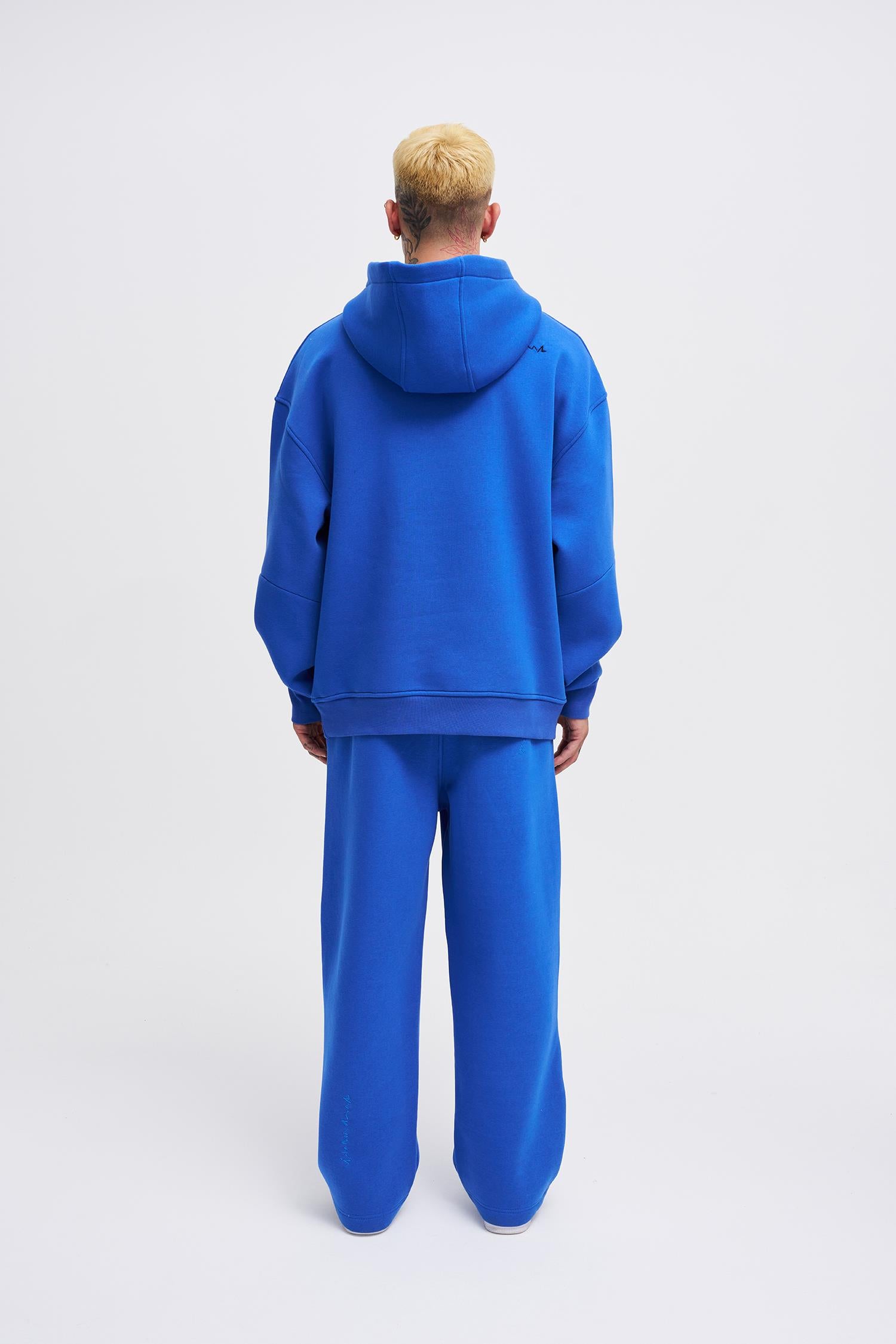 Erkek Nakışlı Kanguru Cepli Oversize Sweatshirt Saks Mavi