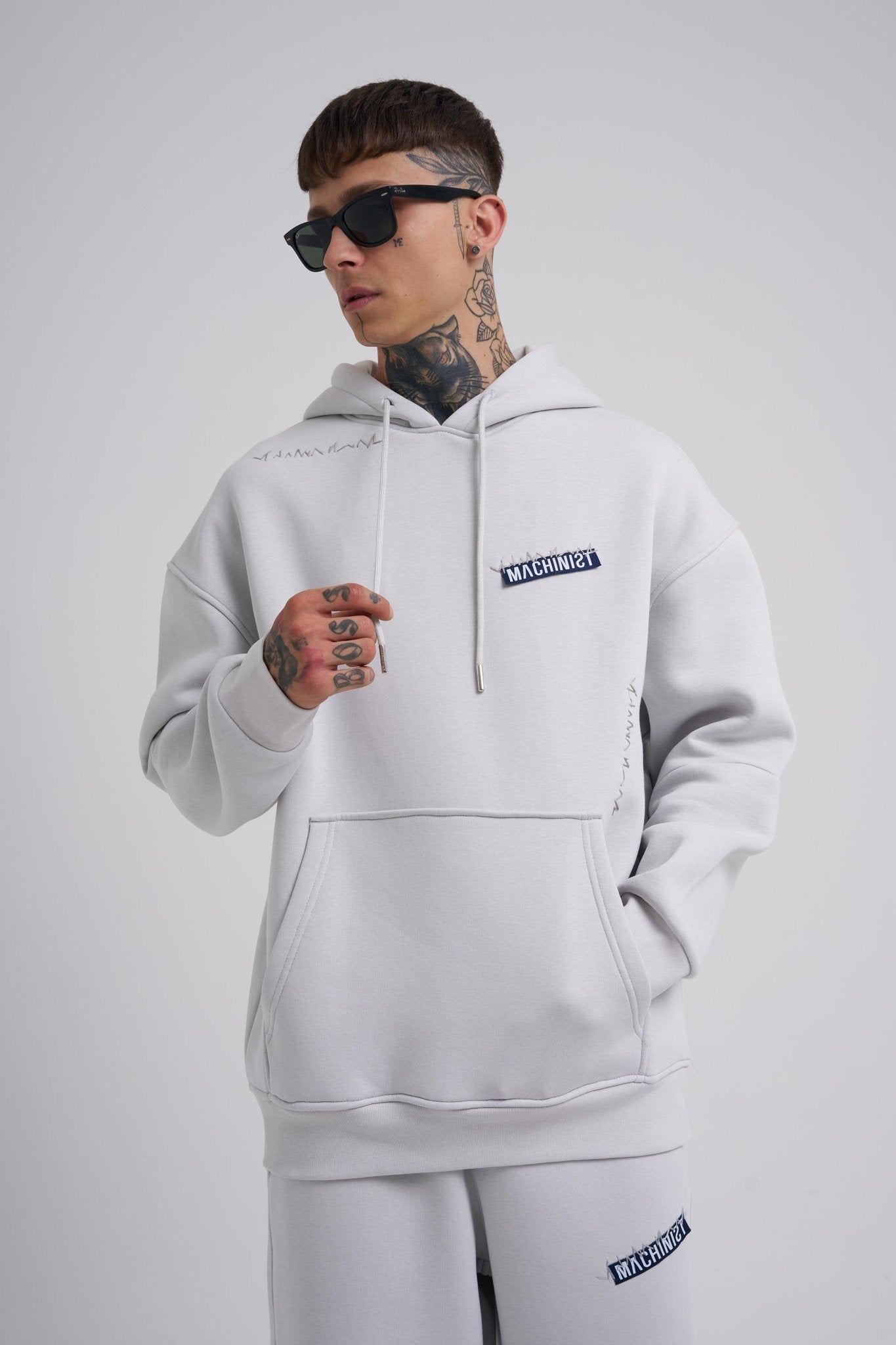 Erkek Nakışlı Kanguru Cepli Oversize Sweatshirt Uzay Grisi