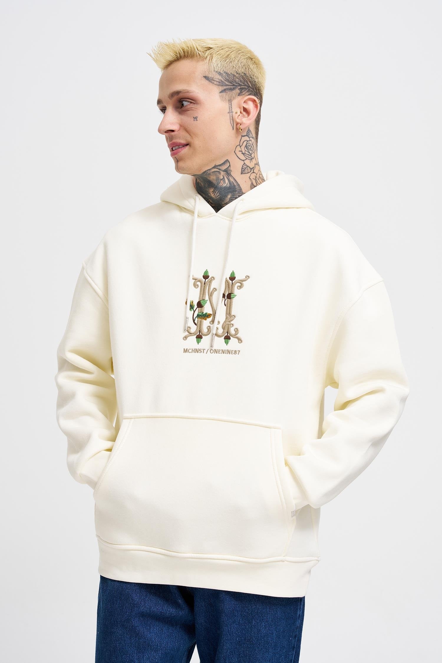 Erkek Naskışlı Kapüşonlu Oversize Sweatshirt Ekru
