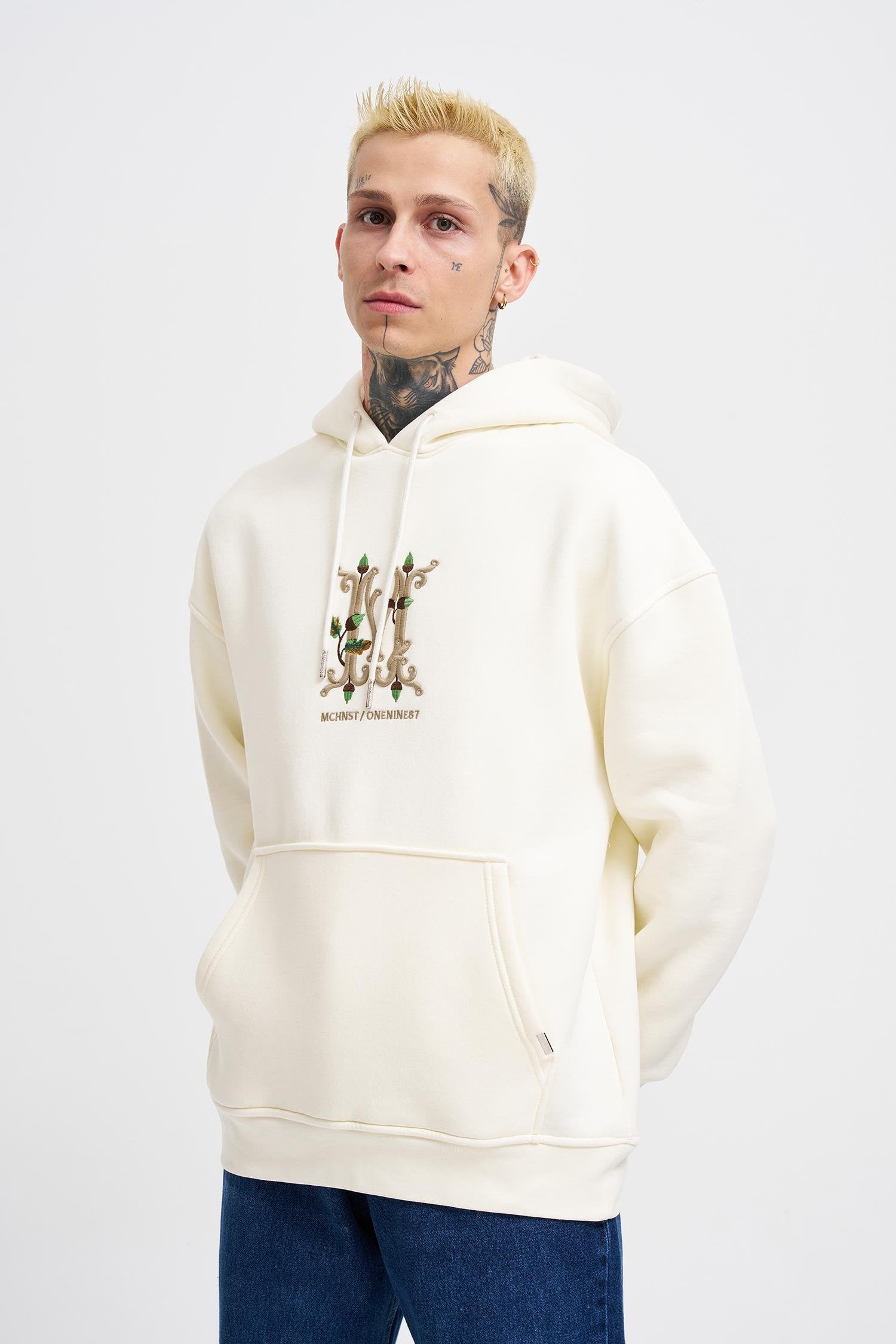 Erkek Naskışlı Kapüşonlu Oversize Sweatshirt Ekru
