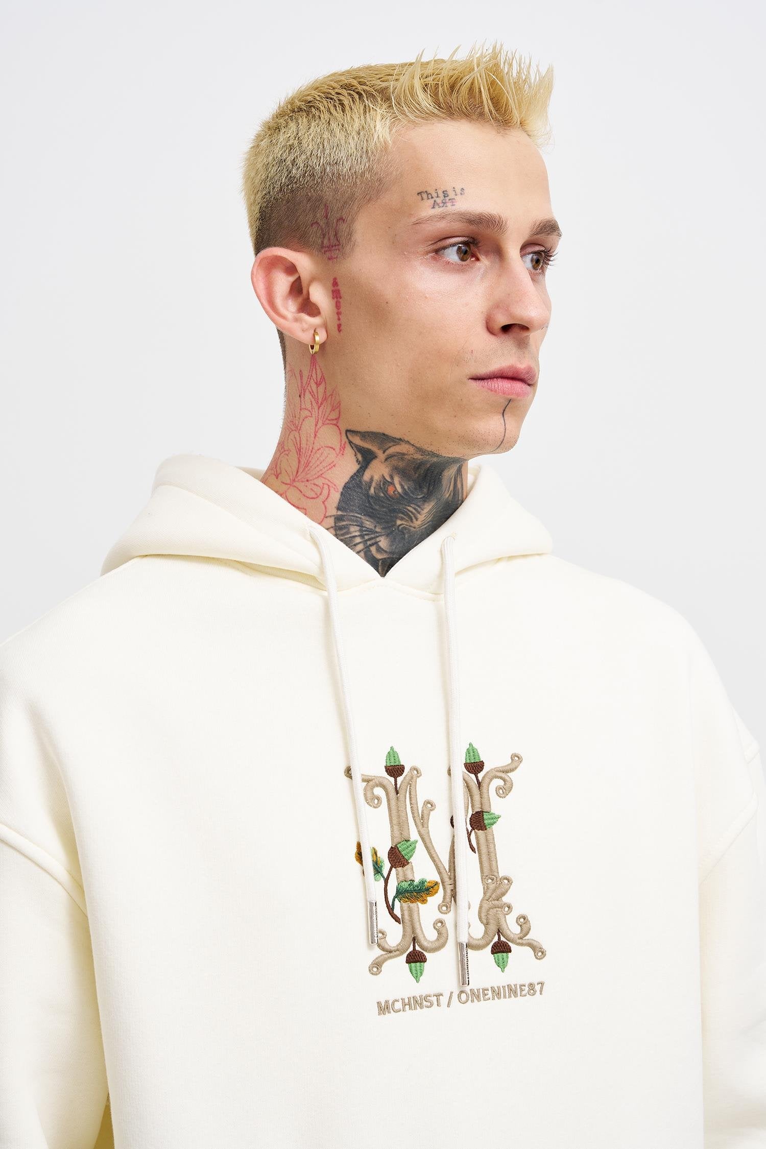 Erkek Naskışlı Kapüşonlu Oversize Sweatshirt Ekru
