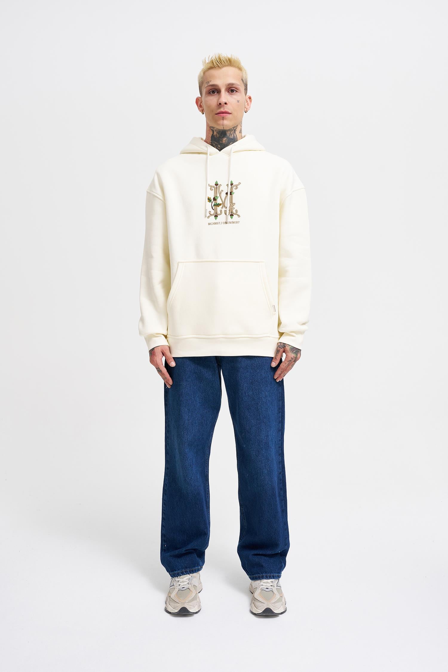 Erkek Naskışlı Kapüşonlu Oversize Sweatshirt Ekru