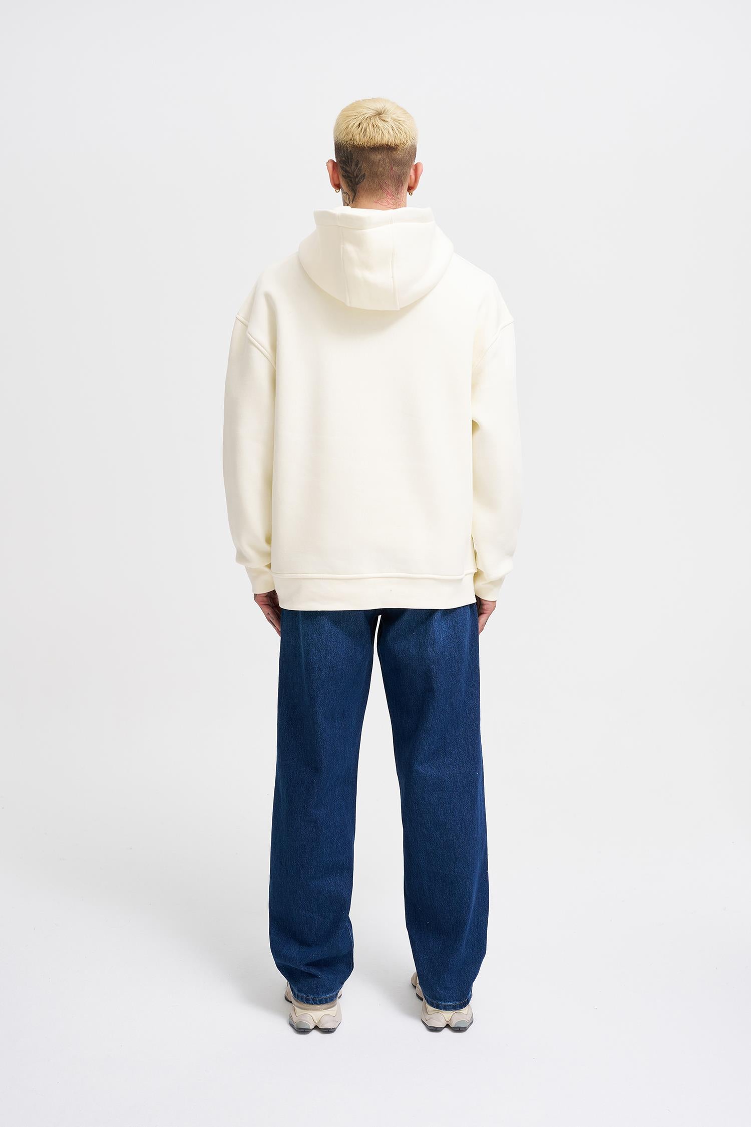 Erkek Naskışlı Kapüşonlu Oversize Sweatshirt Ekru
