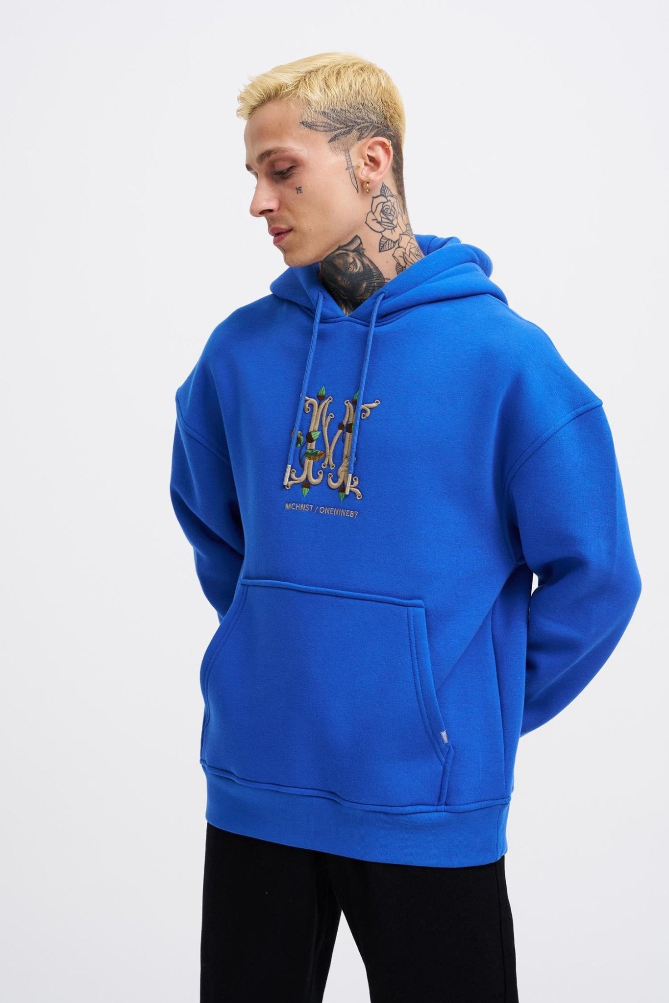 Erkek Naskışlı Kapüşonlu Oversize Sweatshirt Saks Mavi