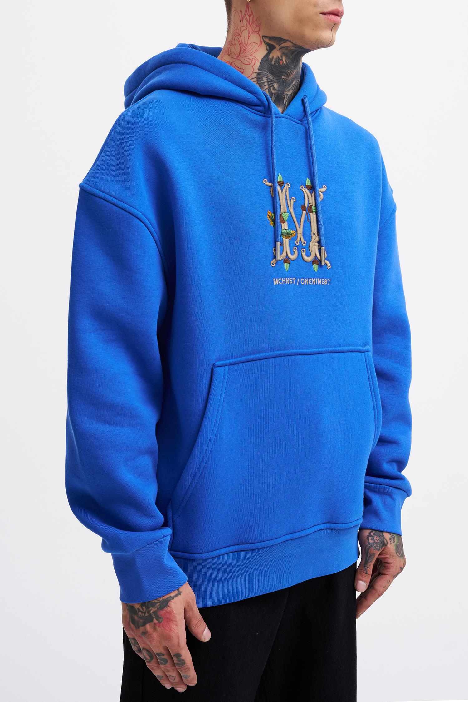 Erkek Naskışlı Kapüşonlu Oversize Sweatshirt Saks Mavi