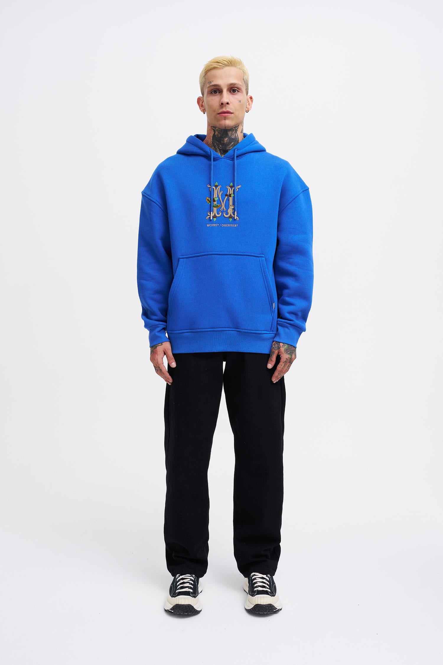 Erkek Naskışlı Kapüşonlu Oversize Sweatshirt Saks Mavi