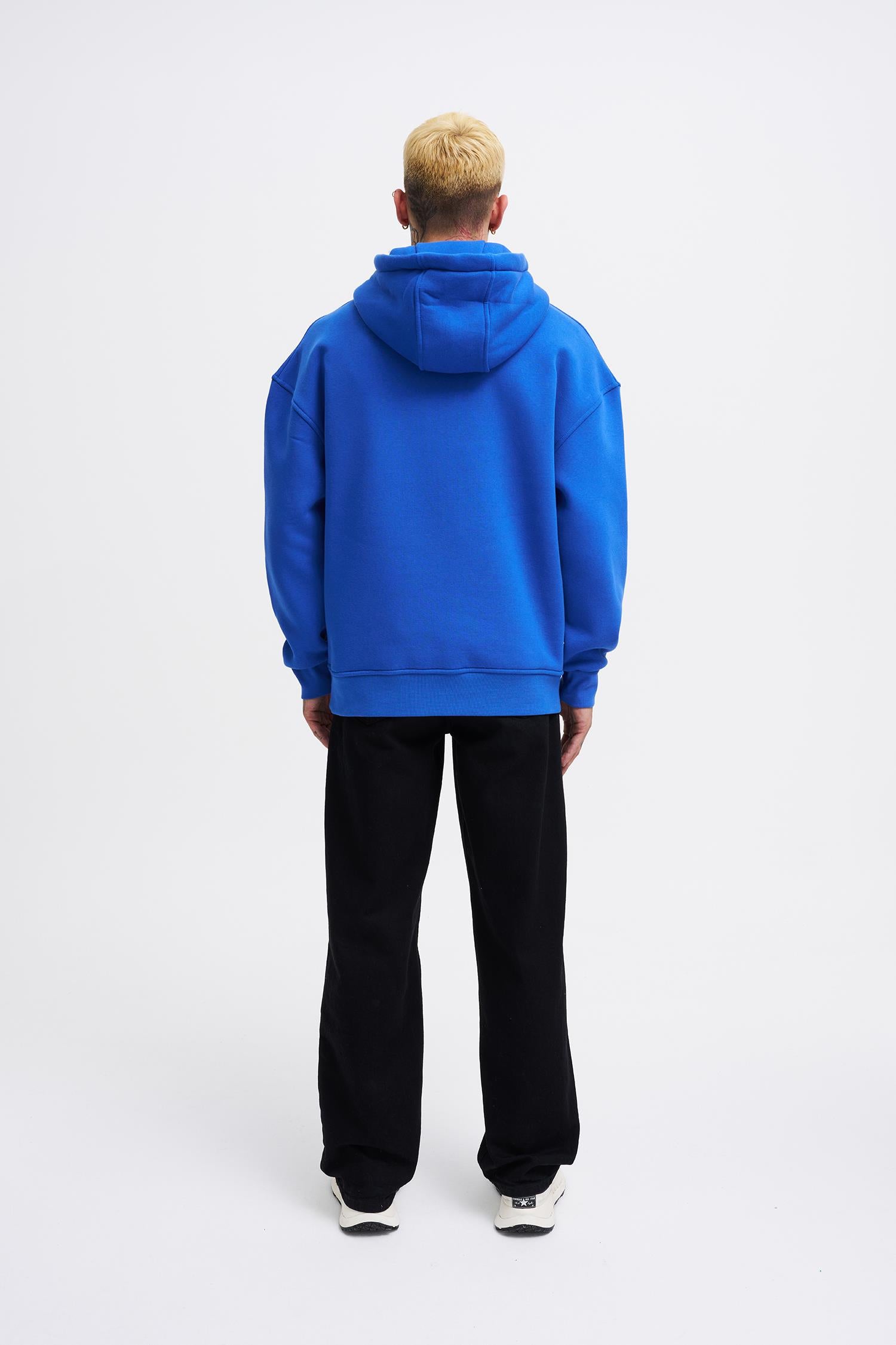 Erkek Naskışlı Kapüşonlu Oversize Sweatshirt Saks Mavi