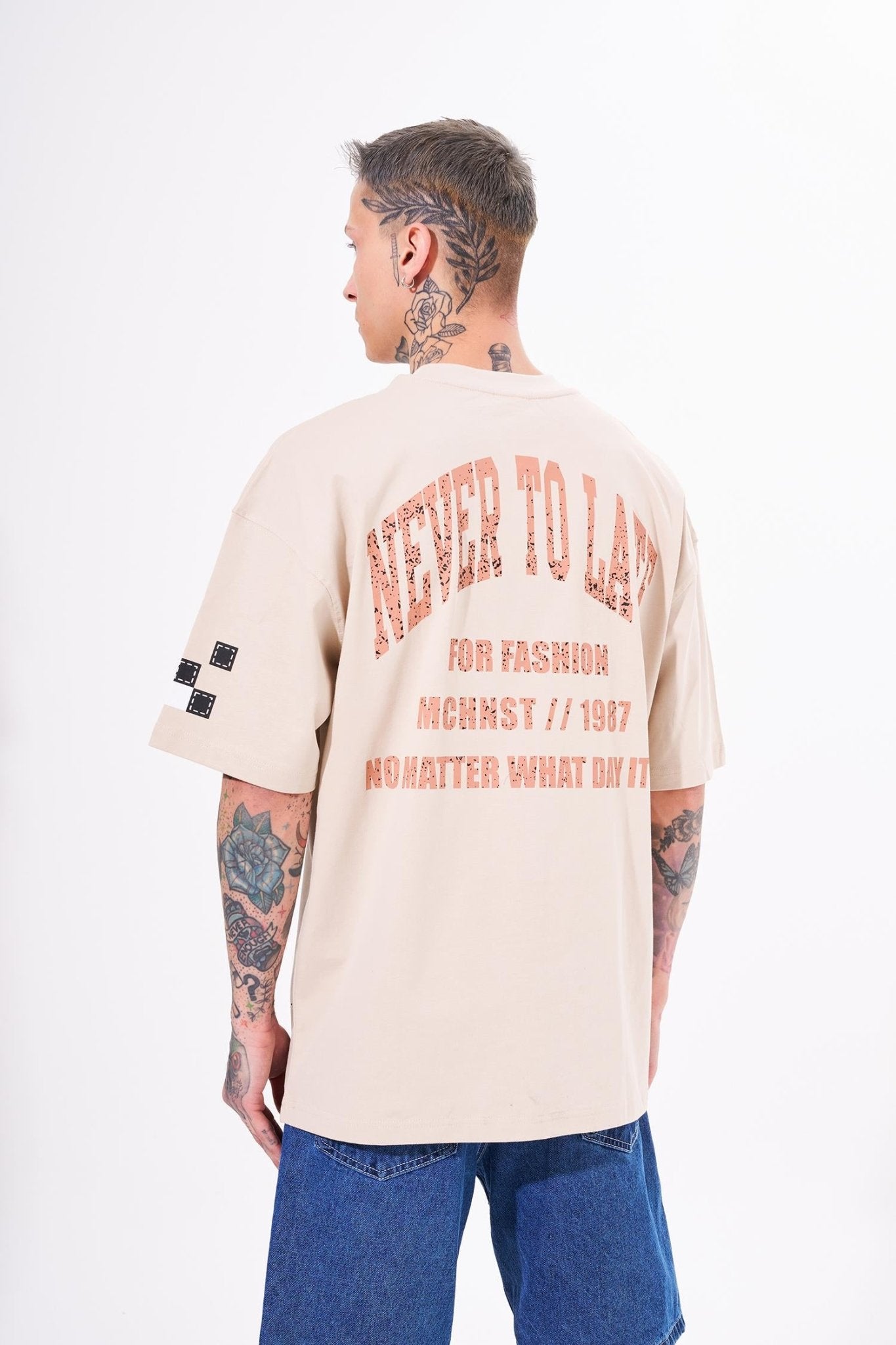 Erkek Never To Late Baskılı Oversize Tişört Açık Bej