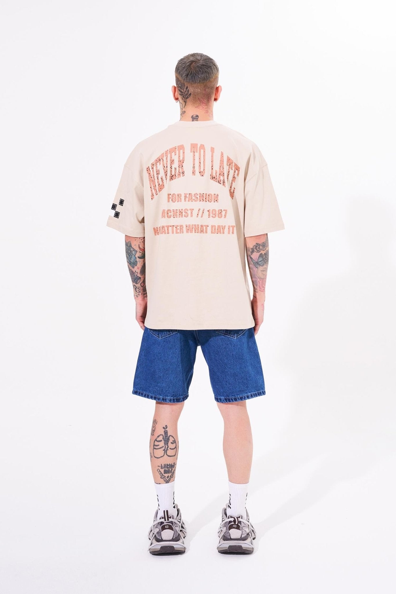 Erkek Never To Late Baskılı Oversize Tişört Açık Bej
