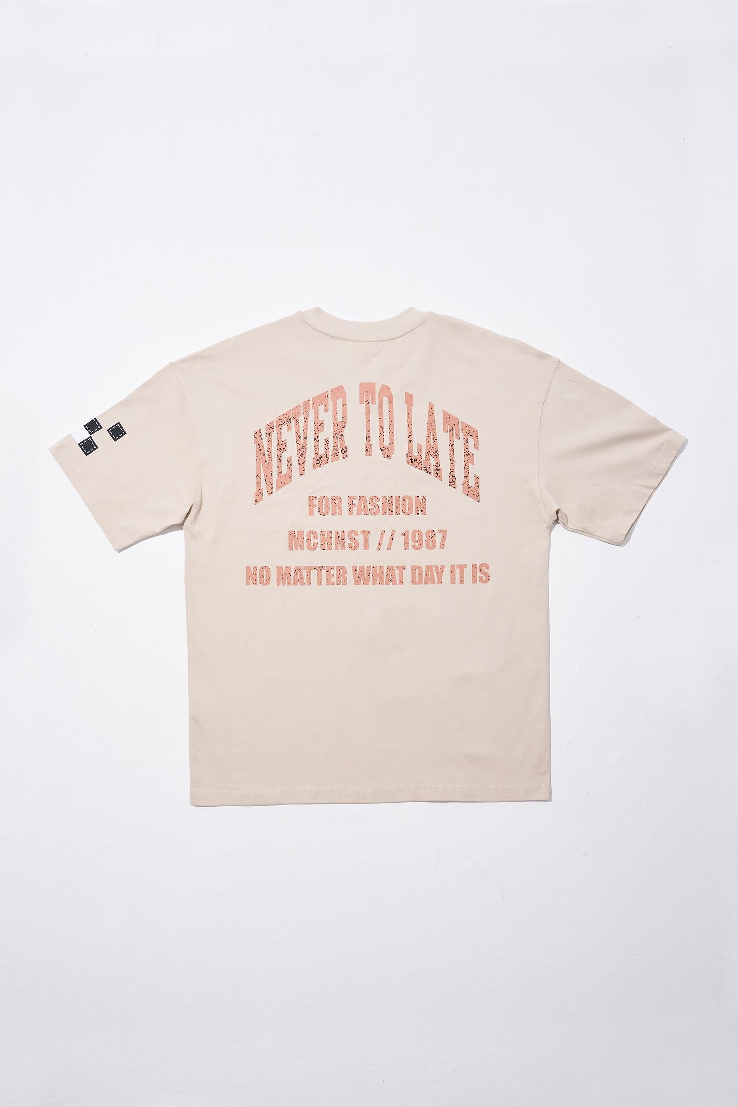 Erkek Never To Late Baskılı Oversize Tişört Açık Bej