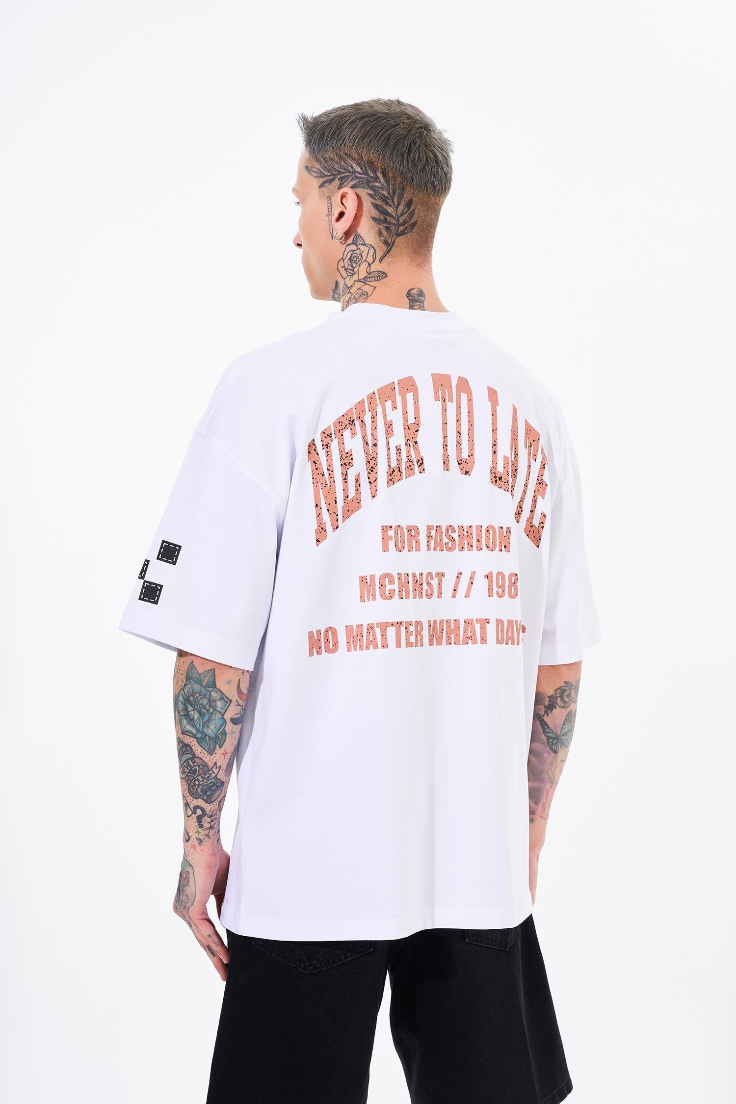 Erkek Never To Late Baskılı Oversize Tişört Beyaz