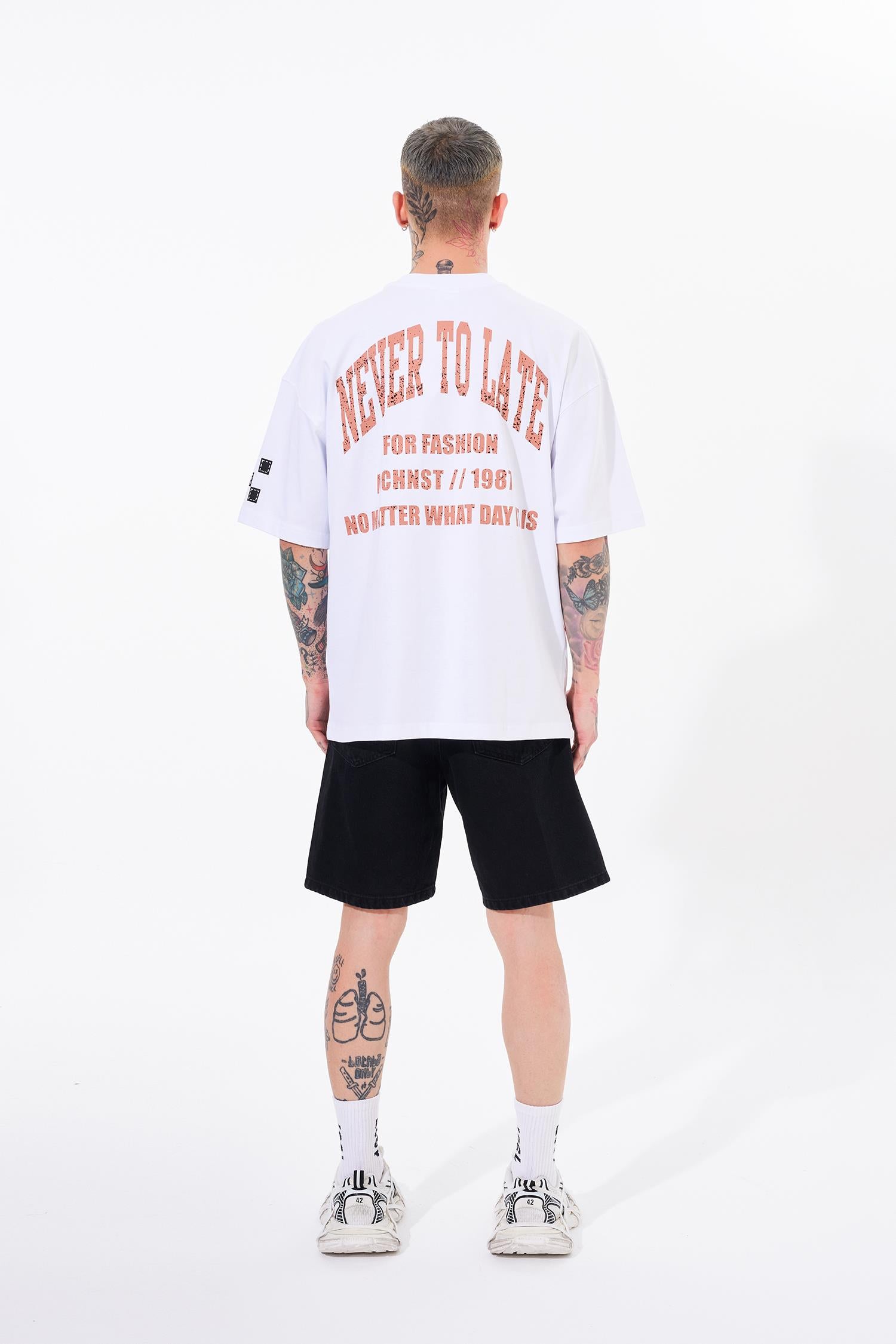 Erkek Never To Late Baskılı Oversize Tişört Beyaz